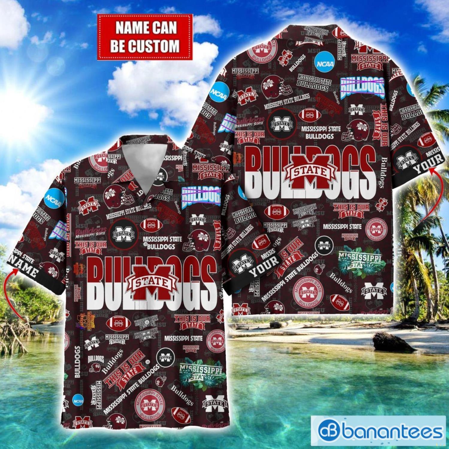 mississippi state bulldogs football beach shirts logo custom name hawaiian shirt image Mississippi State Bulldogs Football Beach Shirts Logo Custom Name Hawaiian Shirt Product Photo 1