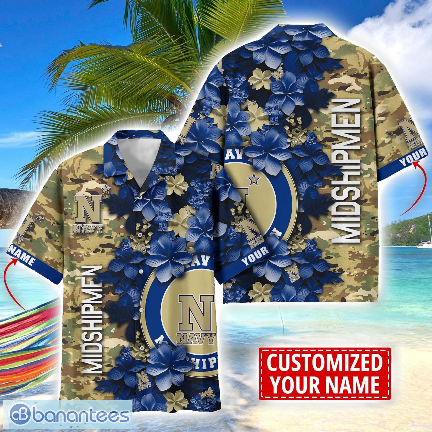 navy midshipmen custom name personalized camo flower pattern hawaiian shirt image Navy Midshipmen Custom Name Personalized Camo Flower Pattern Hawaiian Shirt Product Photo 1
