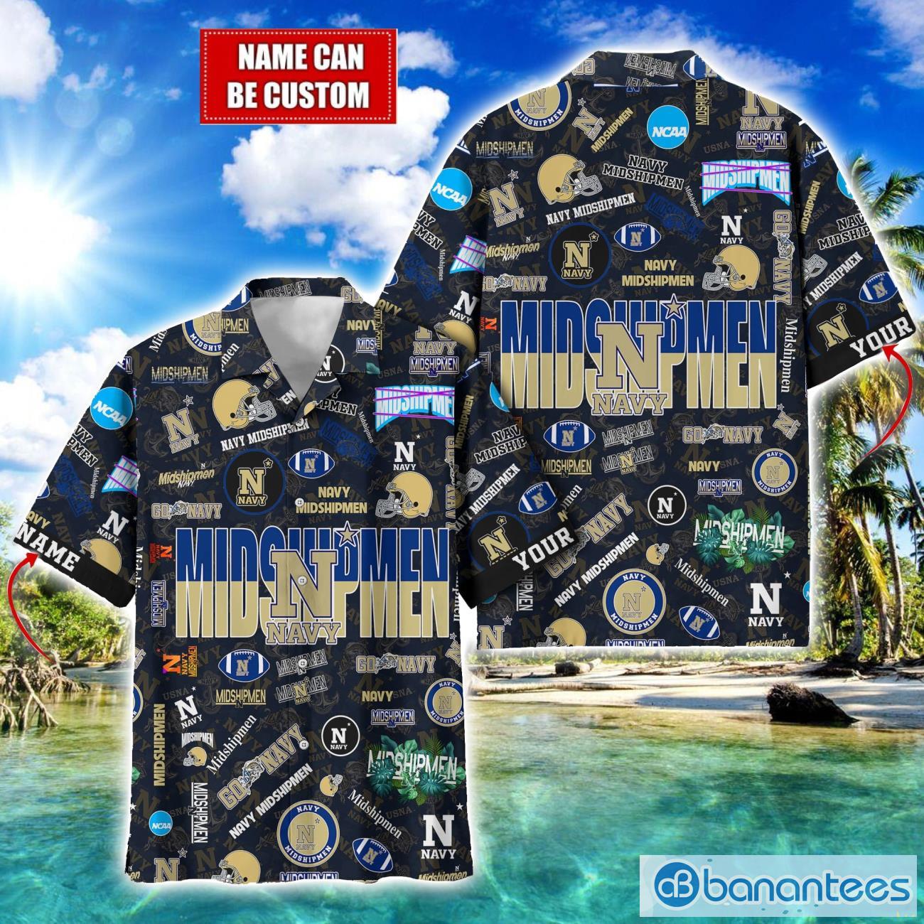 navy midshipmen football beach shirts logo custom name hawaiian shirt image Navy Midshipmen Football Beach Shirts Logo Custom Name Hawaiian Shirt Product Photo 1