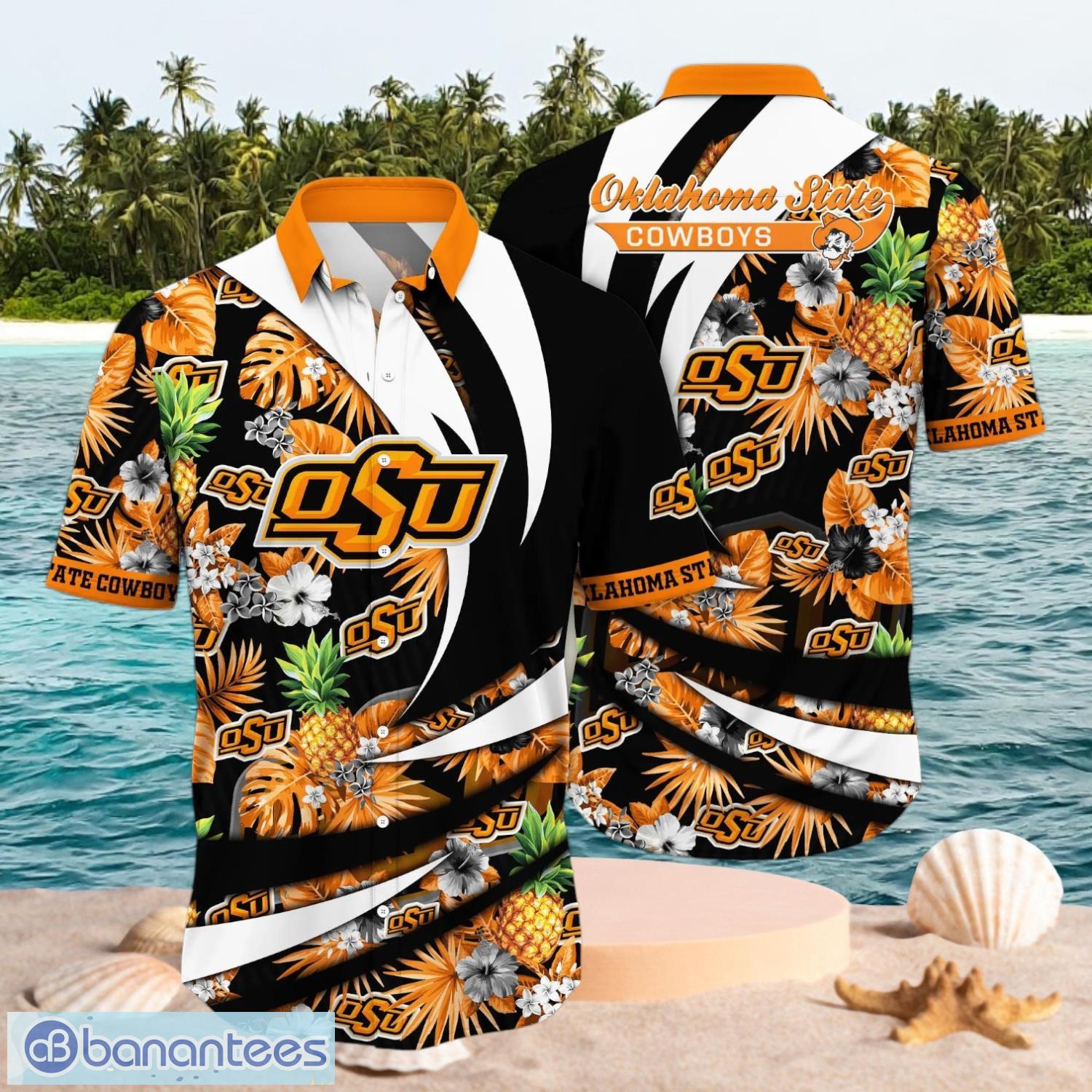 ncaa oklahoma state cowboys logo design tropical orange shirt hawaiian shirt image NCAA Oklahoma State Cowboys Logo Design Tropical Orange Shirt Hawaiian Shirt Product Photo 1