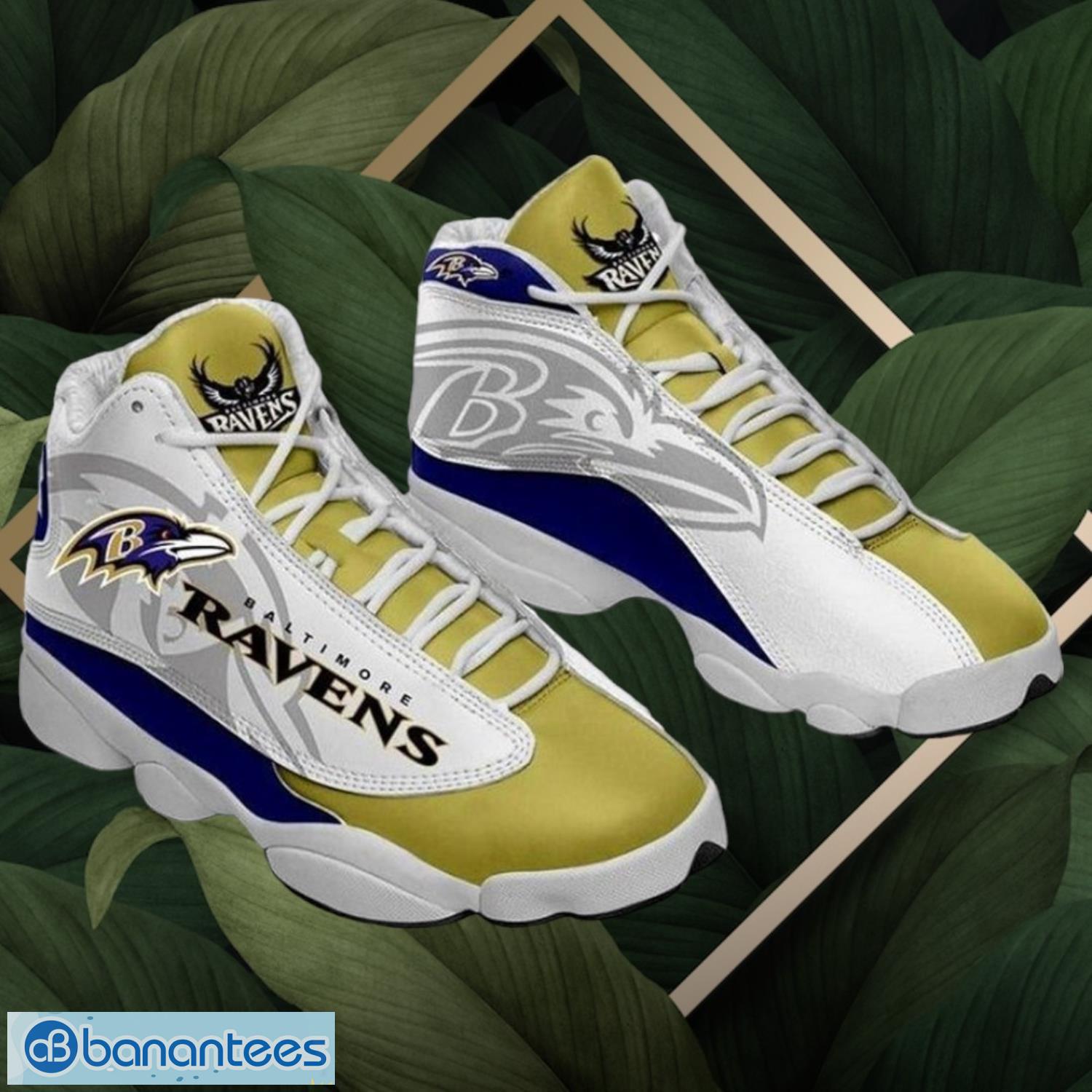 nfl baltimore ravens logo design white yellow shoes gift for fans air jordan 13 image NFL Baltimore Ravens Logo Design White Yellow Shoes Gift For Fans Air Jordan 13 Product Photo 1
