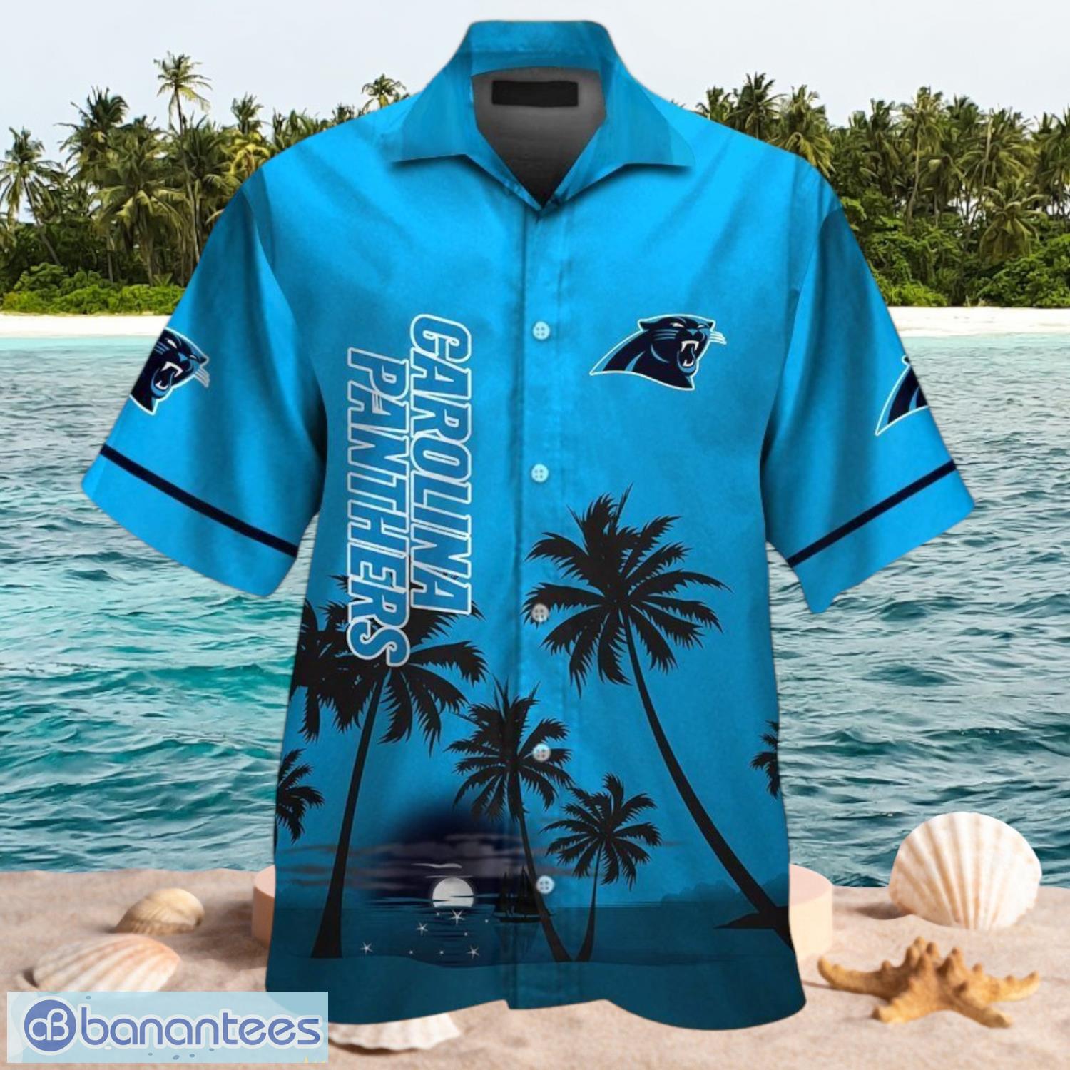 nfl carolina panthers logo design tropical blue shirt hawaiian shirt image NFL Carolina Panthers Logo Design Tropical Blue Shirt Hawaiian Shirt Product Photo 1