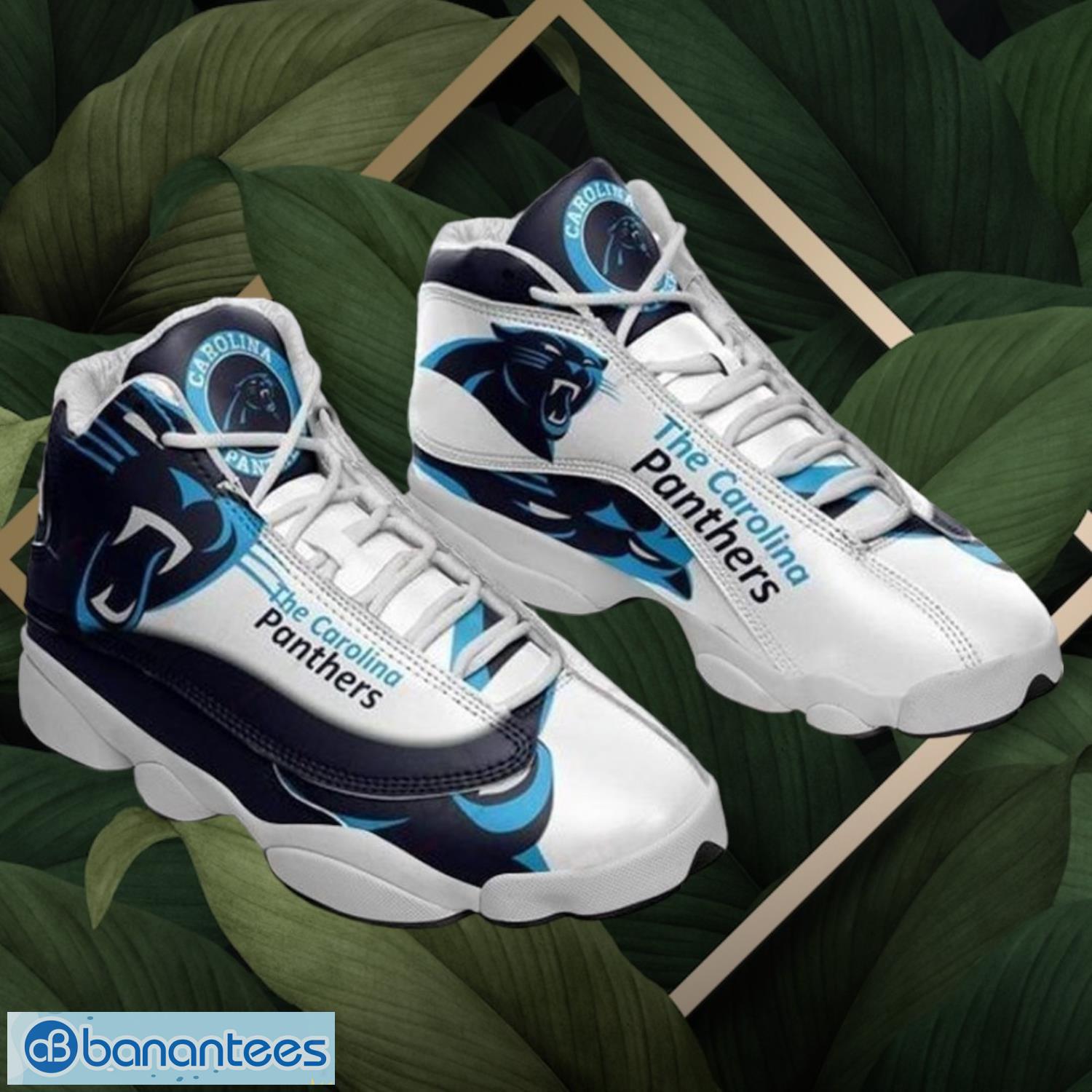 nfl carolina panthers logo design white black shoes gift for fans air jordan 13 image NFL Carolina Panthers Logo Design White Black Shoes Gift For Fans Air Jordan 13 Product Photo 1