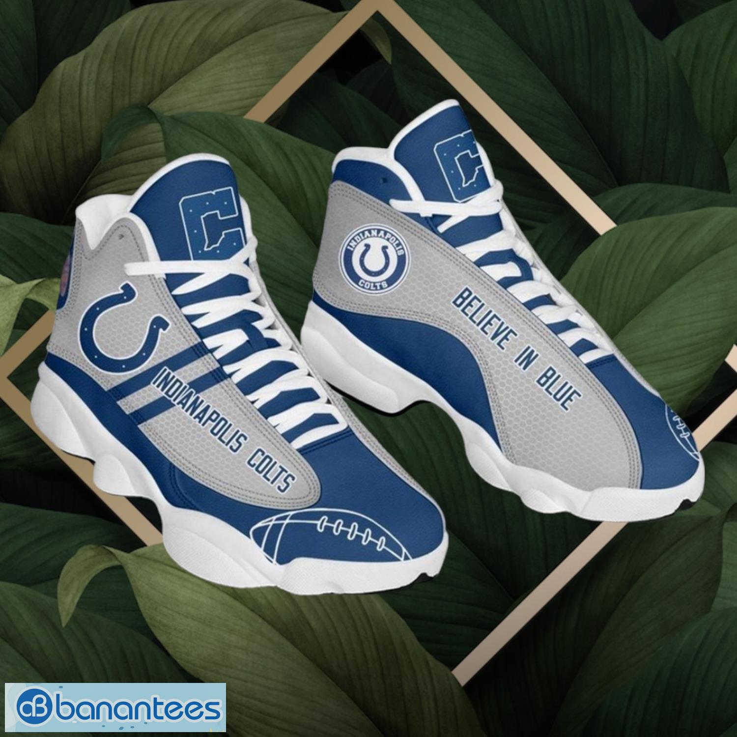 nfl indianapolis colts logo design blue grey shoes gift for fans air jordan 13 image NFL Indianapolis Colts Logo Design Blue Grey Shoes Gift For Fans Air Jordan 13 Product Photo 1