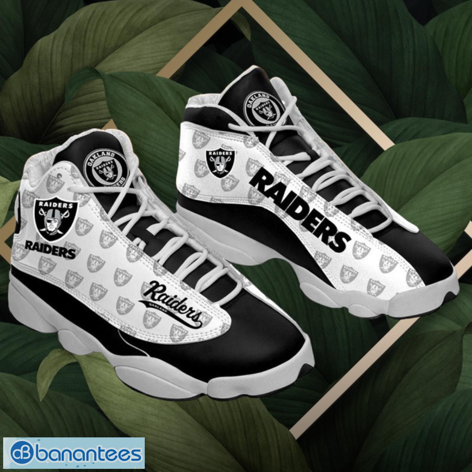 nfl las vegas raiders logo design white black shoes gift for fans air jordan 13 image NFL Las Vegas Raiders Logo Design White Black Shoes Gift For Fans Air Jordan 13 Product Photo 1