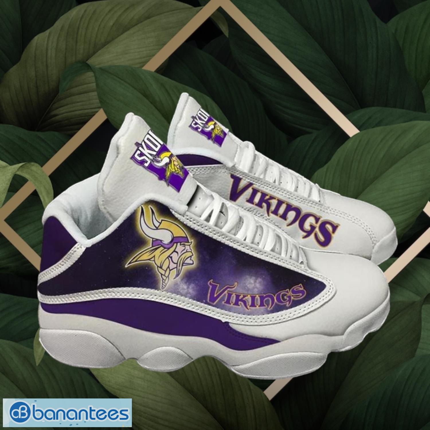 nfl minnesota vikings logo design white purple shoes gift for fans air jordan 13 image NFL Minnesota Vikings Logo Design White Purple Shoes Gift For Fans Air Jordan 13 Product Photo 1