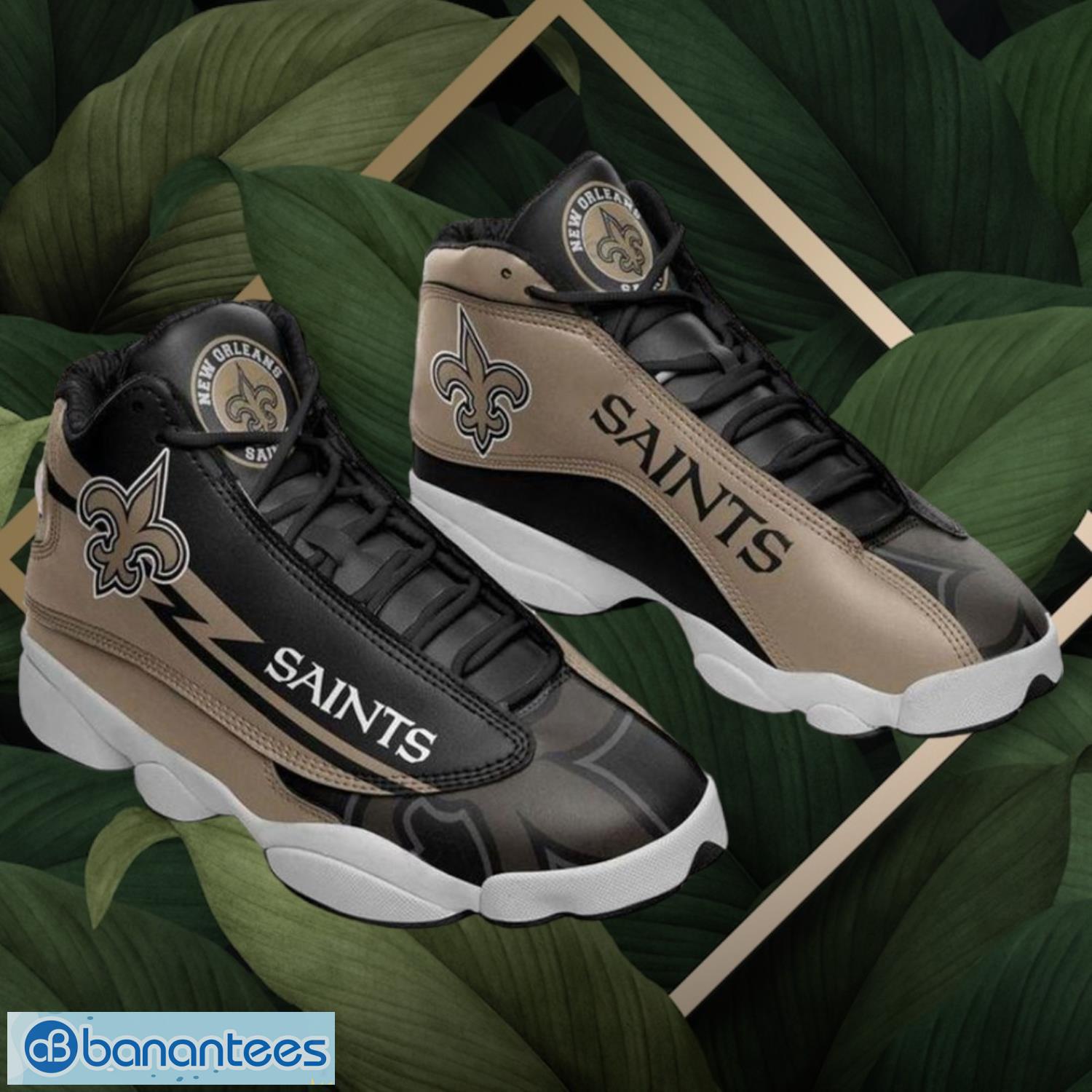 nfl new orleans saints logo design black brown shoes gift for fans air jordan 13 image NFL New Orleans Saints Logo Design Black Brown Shoes Gift For Fans Air Jordan 13 Product Photo 1
