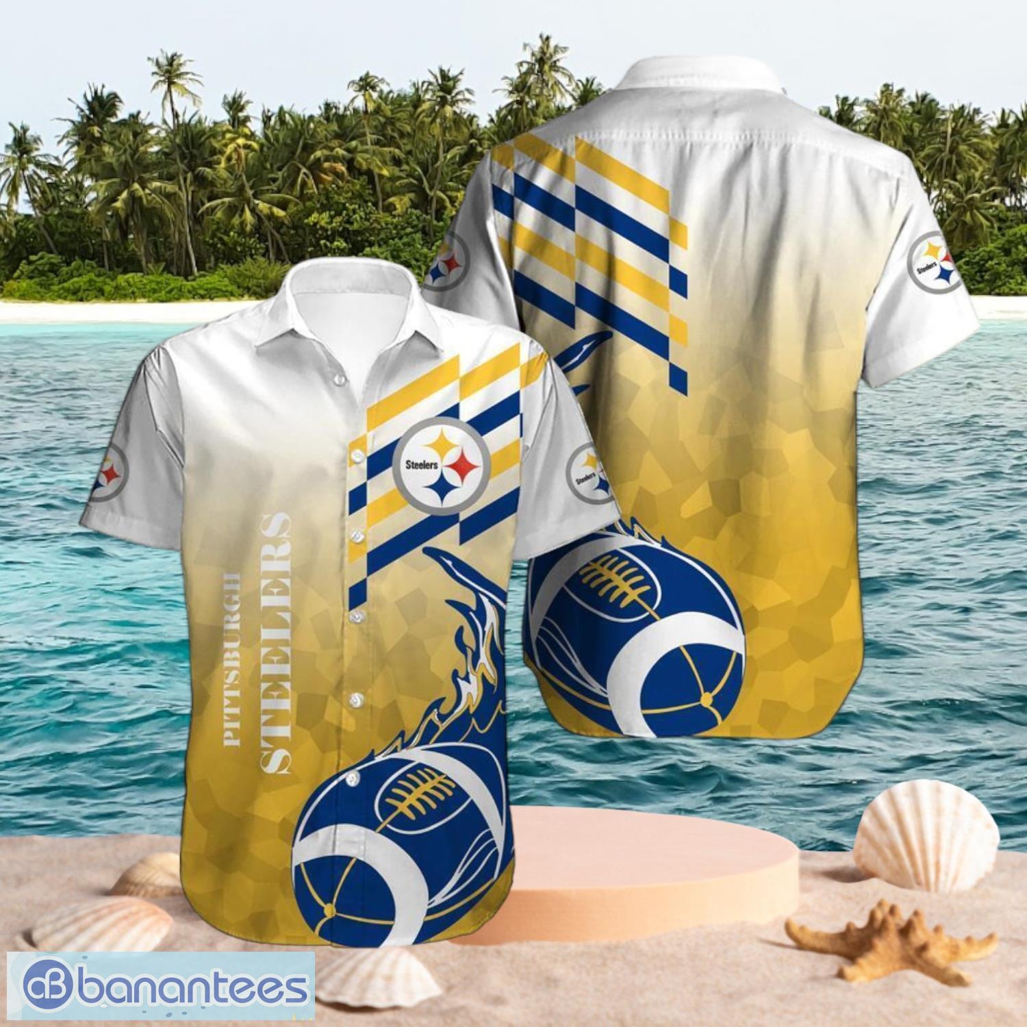 nfl pittsburgh steelers logo design blue fireball white shirt hawaiian shirt image NFL Pittsburgh Steelers Logo Design Blue Fireball White Shirt Hawaiian Shirt Product Photo 1
