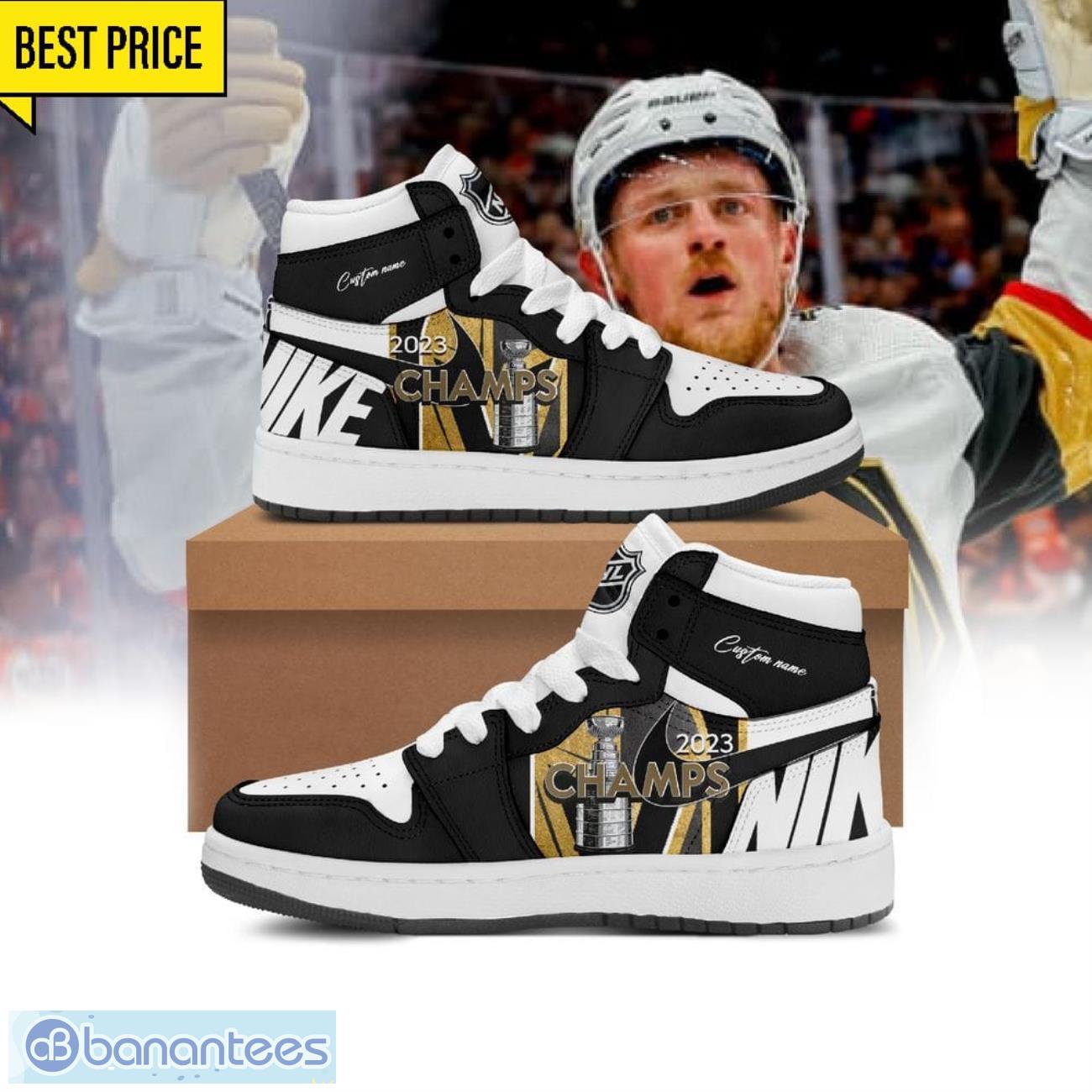 nhl vegas golden knights 2023 champs personalized name ultra air jordan 1 sneakers image NHL Vegas Golden Knights 2023 Champs Personalized Name Ultra Air Jordan 1 Sneakers Product Photo 1