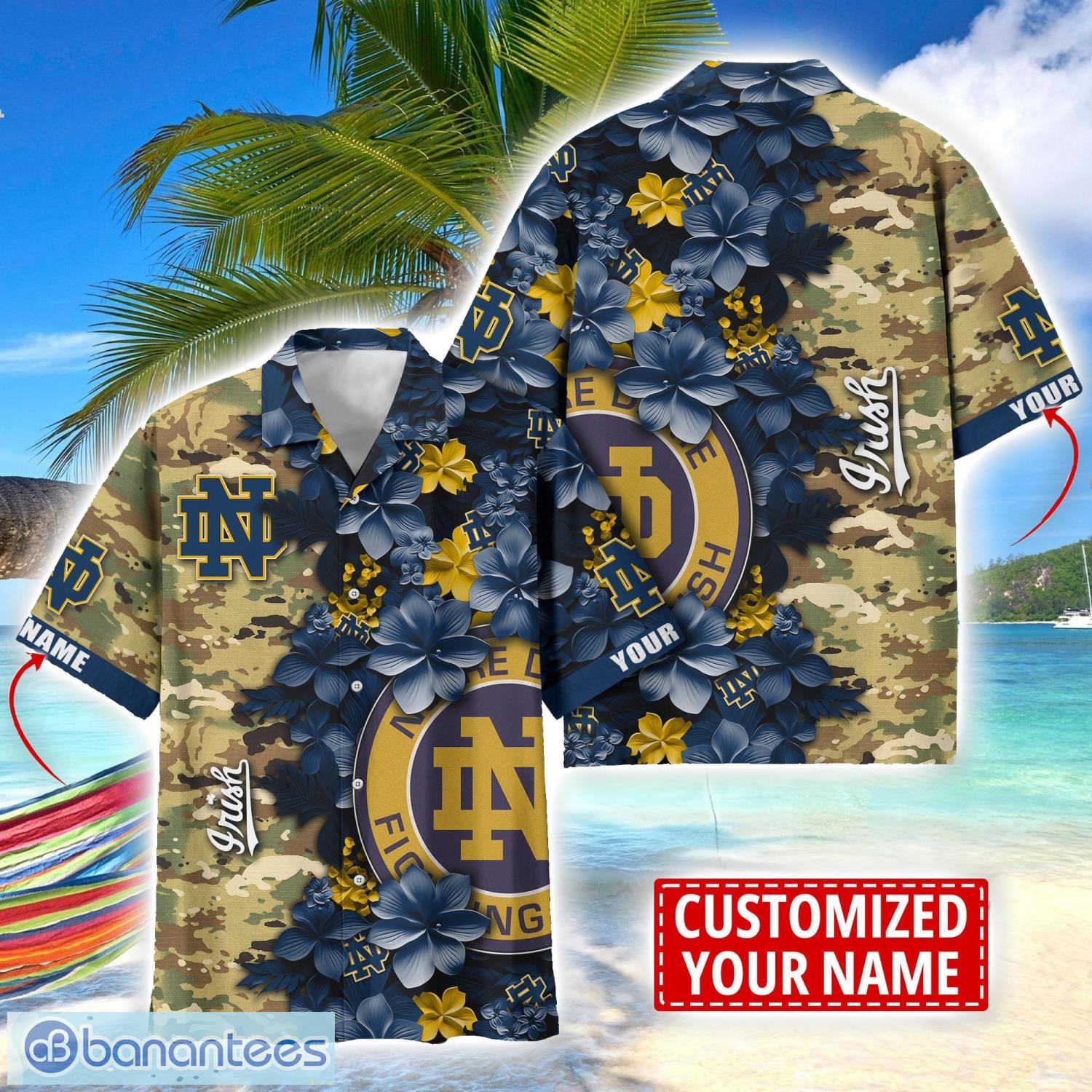 notre dame fighting irish custom name personalized camo flower pattern hawaiian shirt image Notre Dame Fighting Irish Custom Name Personalized Camo Flower Pattern Hawaiian Shirt Product Photo 1