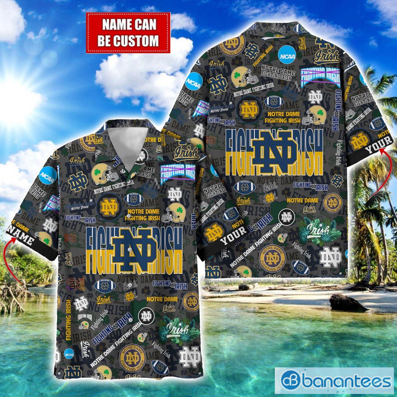 notre dame fighting irish football beach shirts logo custom name hawaiian shirt image Notre Dame Fighting Irish Football Beach Shirts Logo Custom Name Hawaiian Shirt Product Photo 1