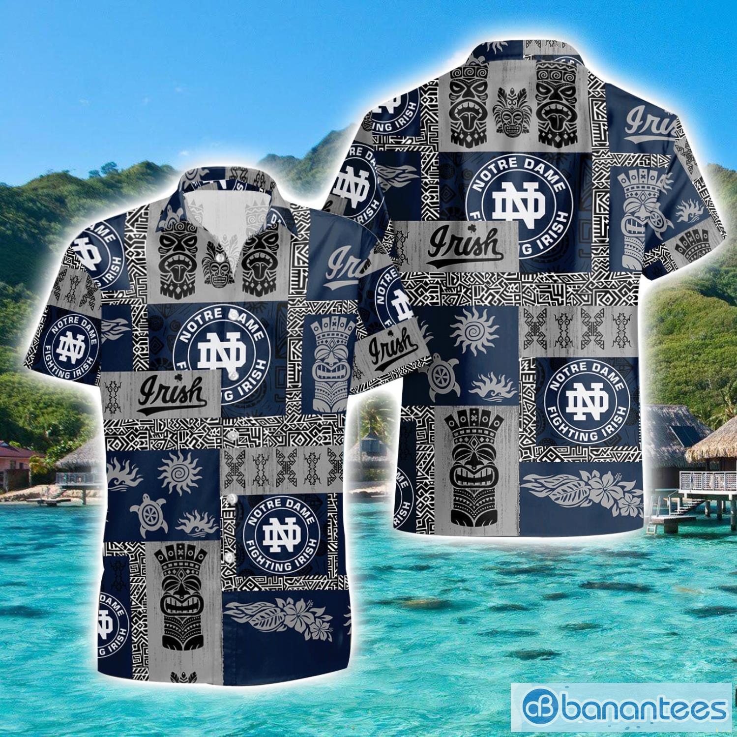 notre dame fighting irish hawaiian tiki vintage patterns hawaiian shirt summer gift image Notre Dame Fighting Irish Hawaiian Tiki Vintage Patterns Hawaiian Shirt Summer Gift Product Photo 1