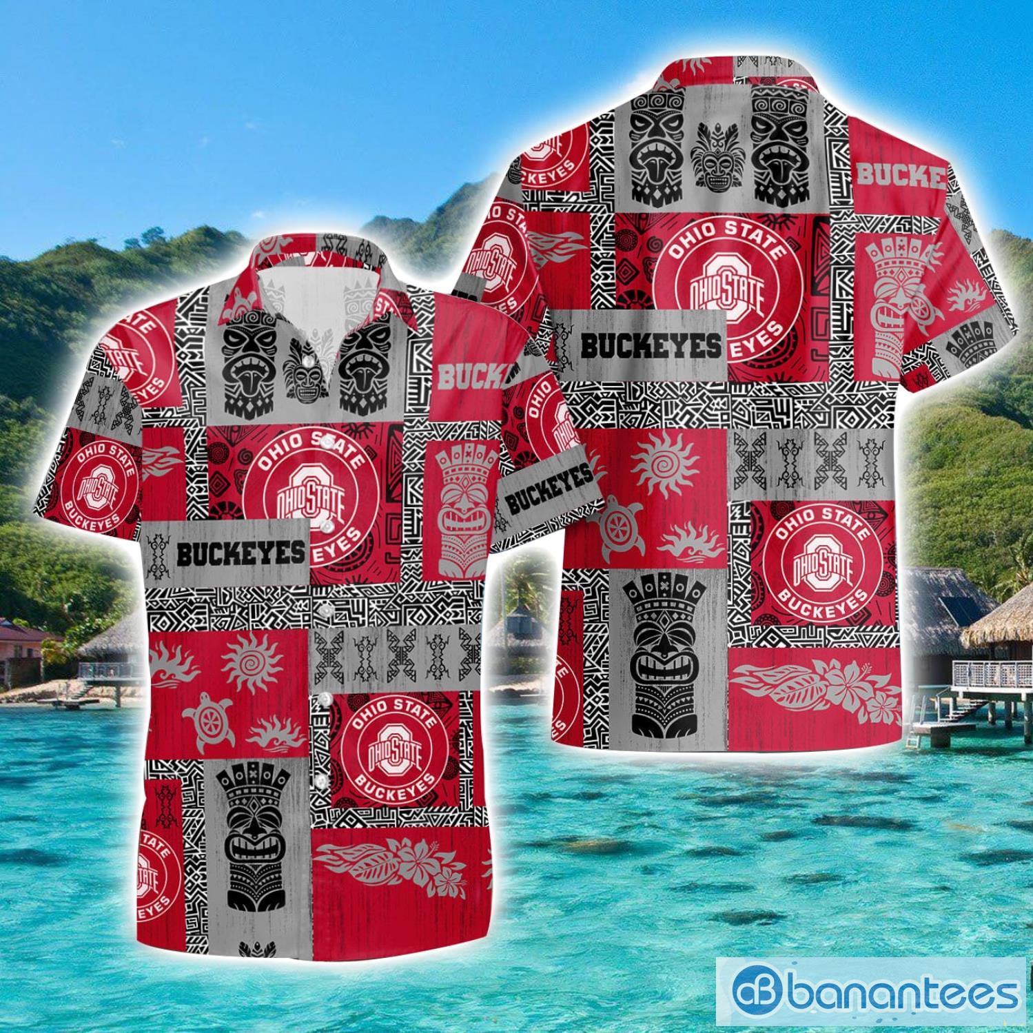 ohio state buckeyes hawaiian tiki vintage patterns hawaiian shirt summer gift image Ohio State Buckeyes Hawaiian Tiki Vintage Patterns Hawaiian Shirt Summer Gift Product Photo 1