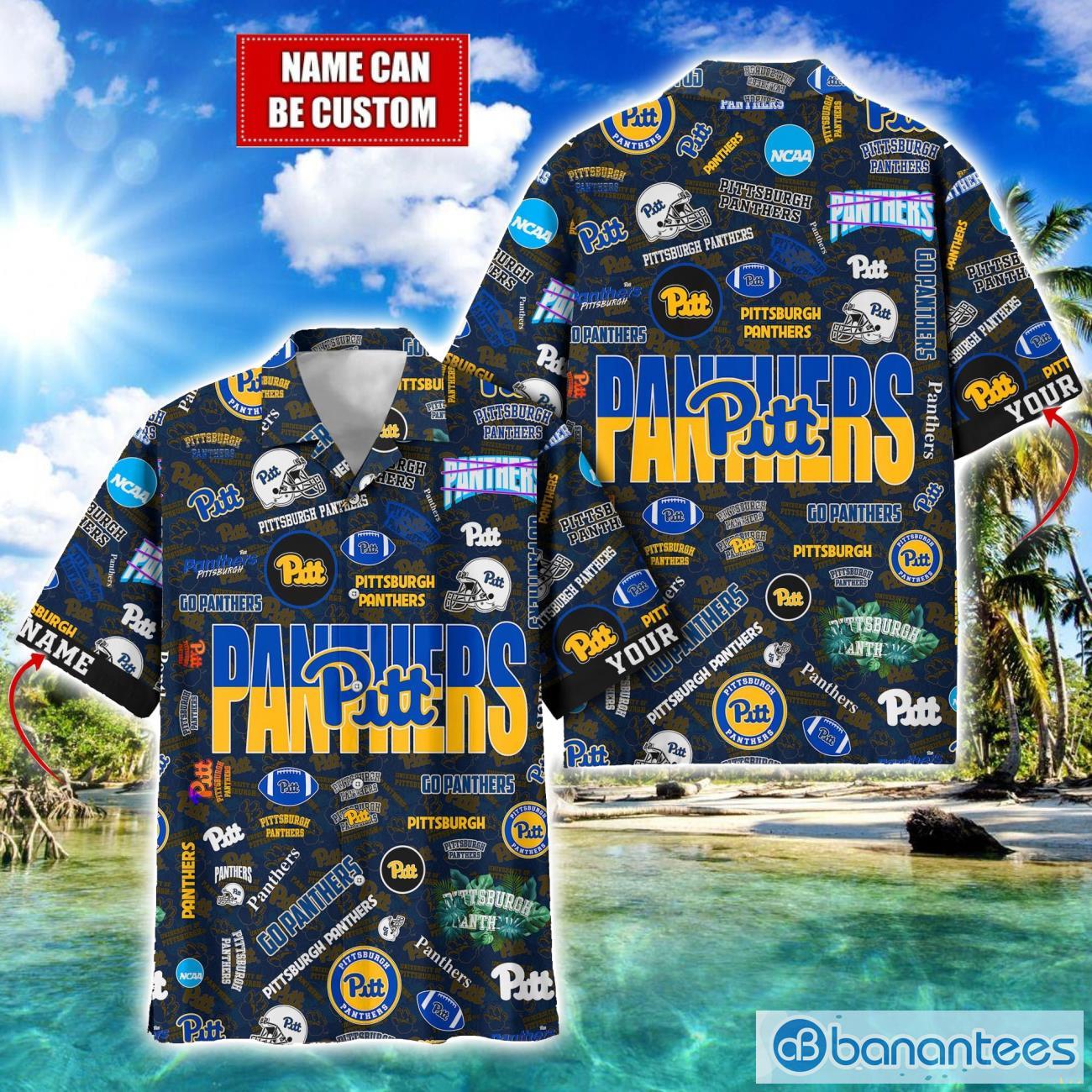 pittsburgh panthers football beach shirts logo custom name hawaiian shirt image Pittsburgh Panthers Football Beach Shirts Logo Custom Name Hawaiian Shirt Product Photo 1