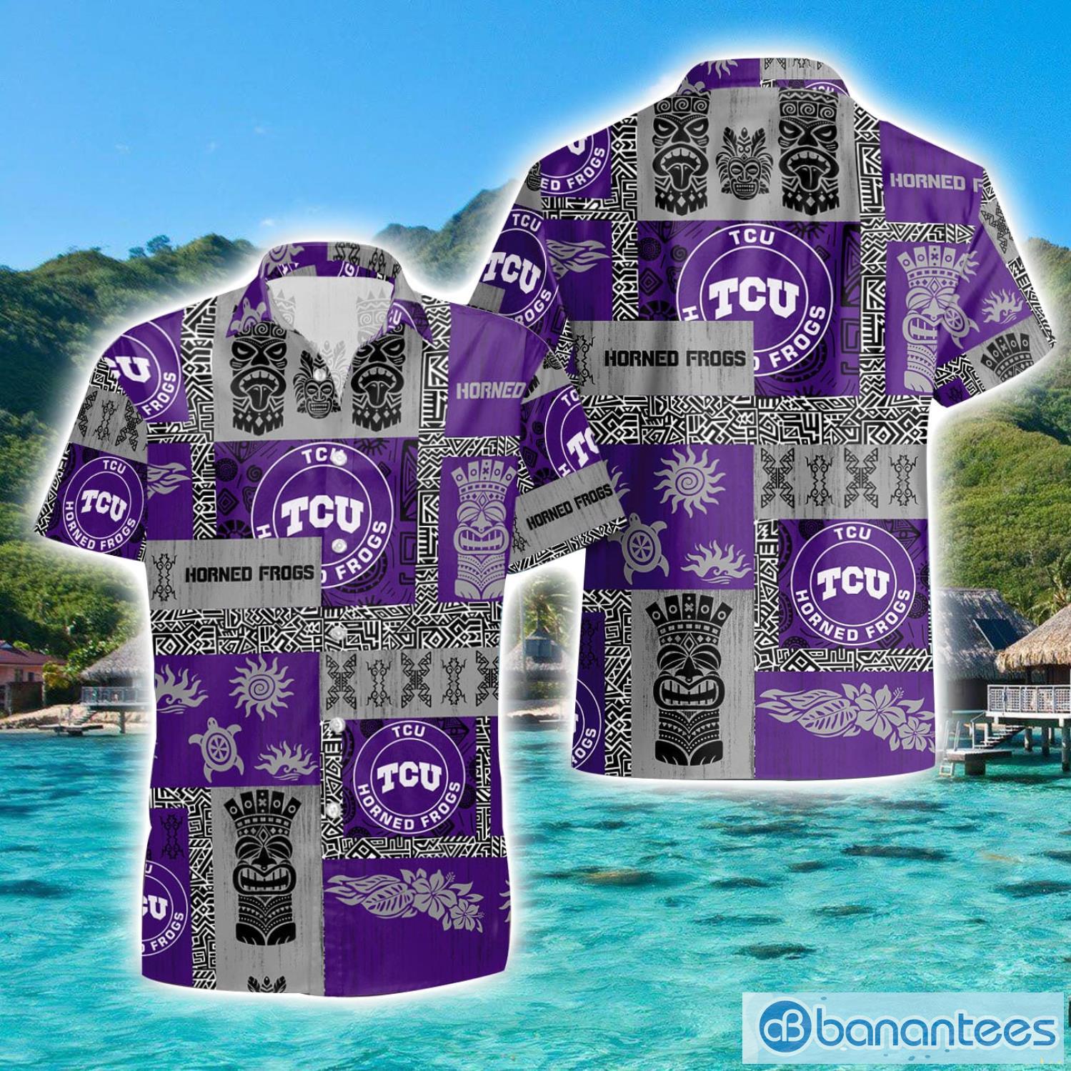 tcu horned frogs tiki vintage patterns hawaiian shirt summer gift image TCU Horned Frogs Tiki Vintage Patterns Hawaiian Shirt Summer Gift Product Photo 1