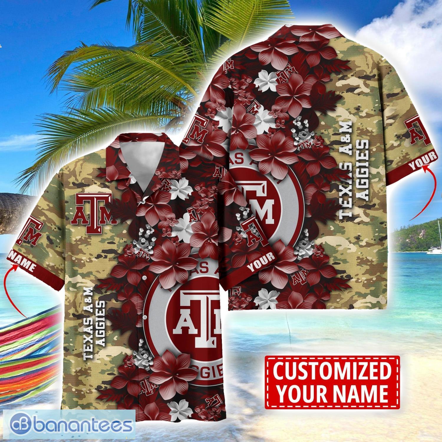 texas aampampm aggies custom name personalized camo flower pattern hawaiian shirt image Texas A&M Aggies Custom Name Personalized Camo Flower Pattern Hawaiian Shirt Product Photo 1