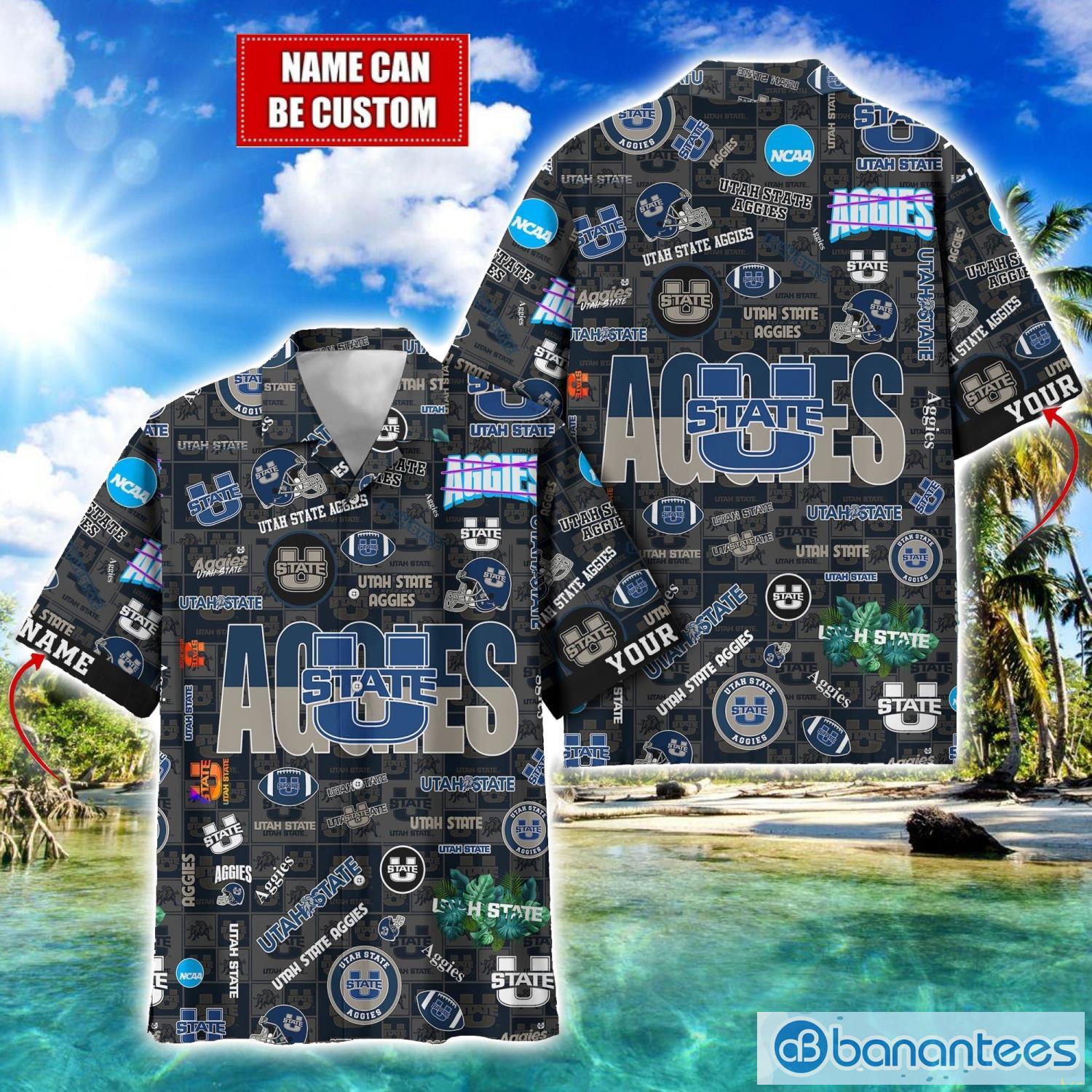 utah state aggies football beach shirts logo custom name hawaiian shirt image Utah State Aggies Football Beach Shirts Logo Custom Name Hawaiian Shirt Product Photo 1