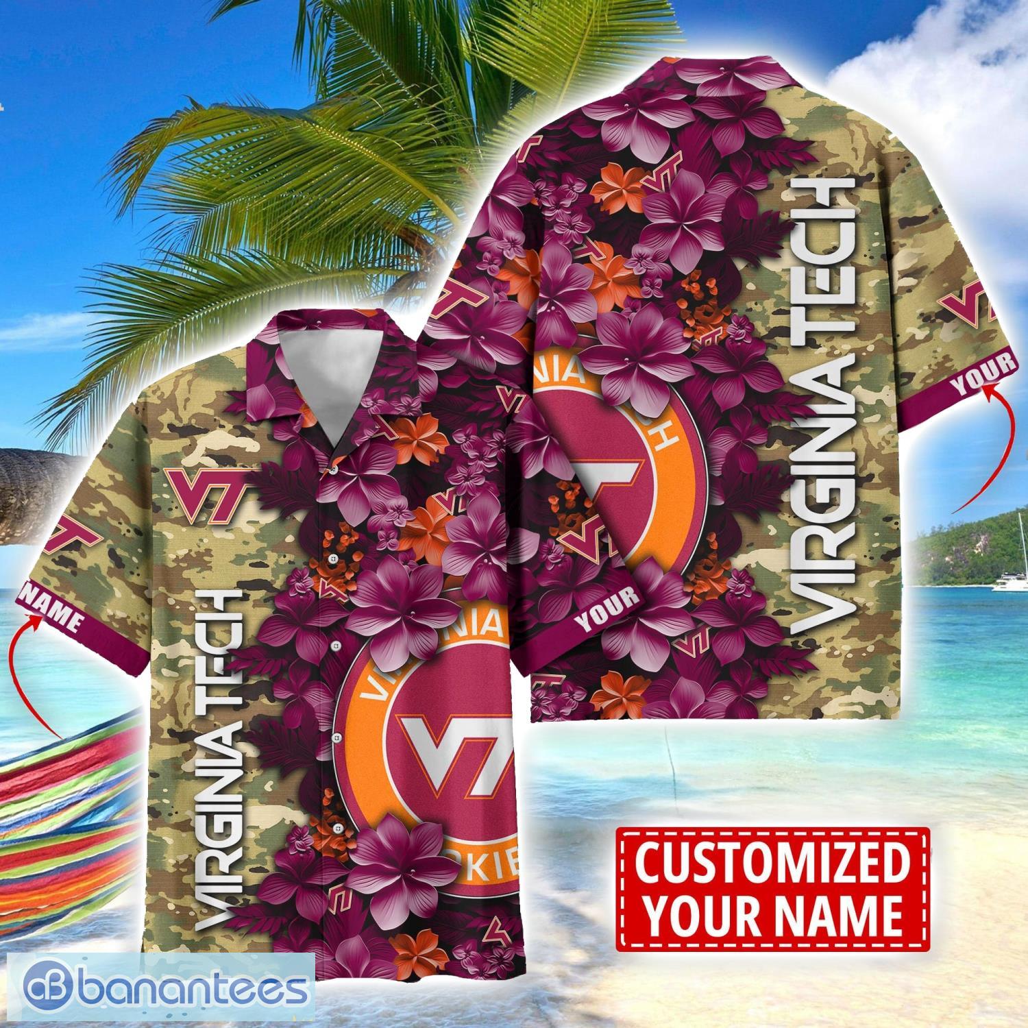 virginia tech hokies custom name personalized camo flower pattern hawaiian shirt image Virginia Tech Hokies Custom Name Personalized Camo Flower Pattern Hawaiian Shirt Product Photo 1