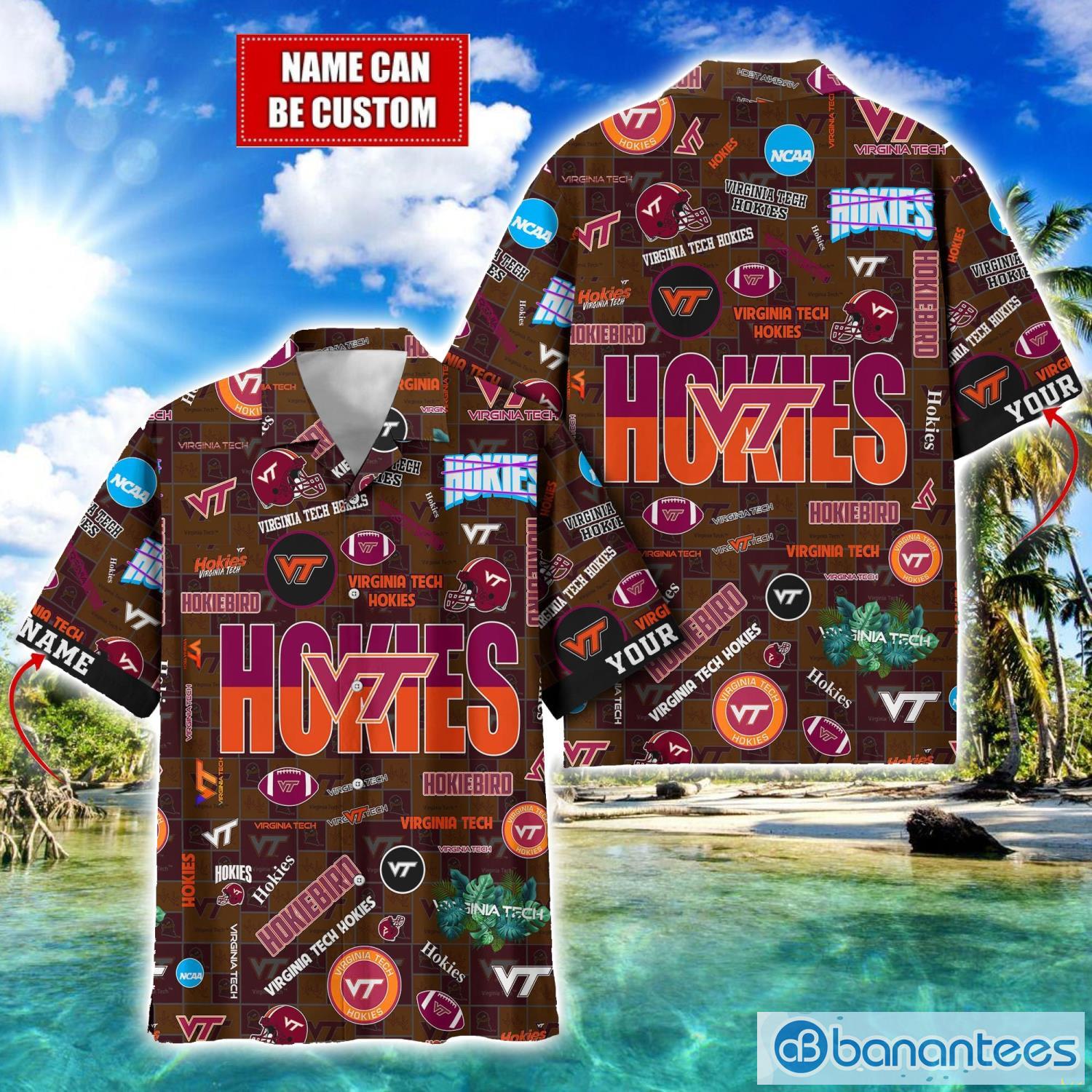 virginia tech hokies football beach shirts logo custom name hawaiian shirt image Virginia Tech Hokies Football Beach Shirts Logo Custom Name Hawaiian Shirt Product Photo 1