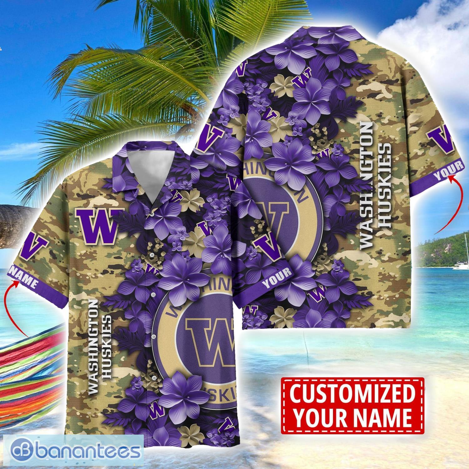 washington huskies custom name personalized camo flower pattern hawaiian shirt image Washington Huskies Custom Name Personalized Camo Flower Pattern Hawaiian Shirt Product Photo 1
