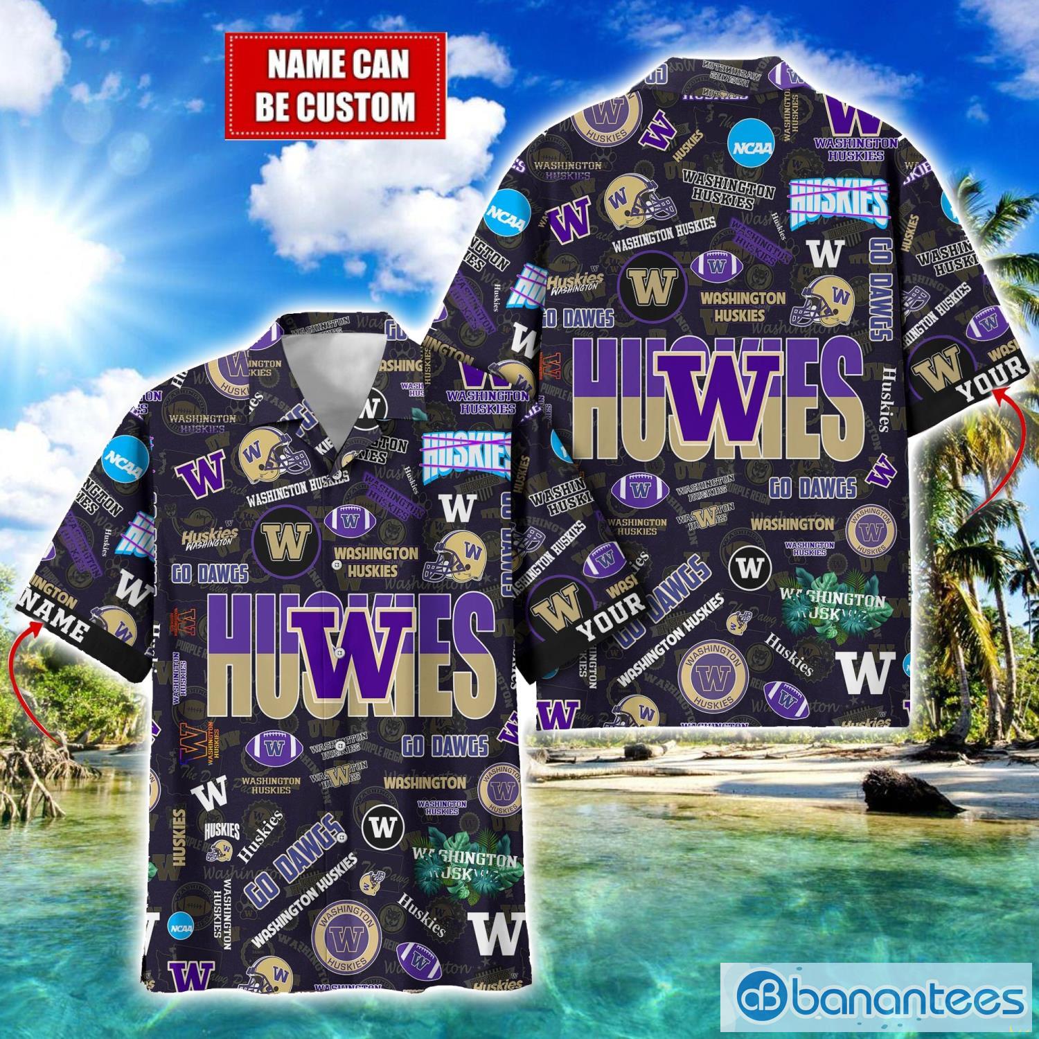 washington huskies football beach shirts logo custom name hawaiian shirt image Washington Huskies Football Beach Shirts Logo Custom Name Hawaiian Shirt Product Photo 1