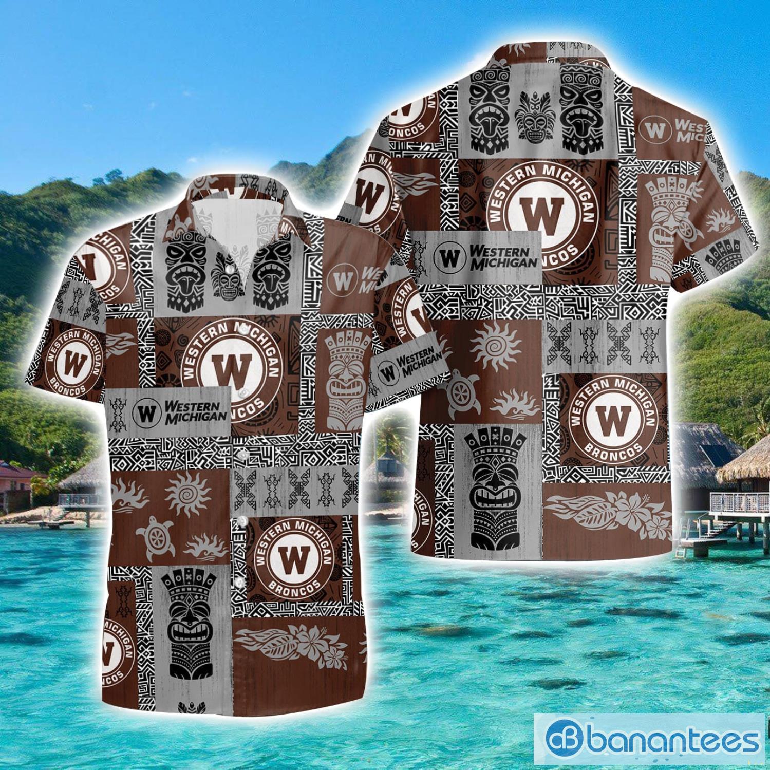 western michigan broncos tiki vintage patterns hawaiian shirt summer gift image Western Michigan Broncos Tiki Vintage Patterns Hawaiian Shirt Summer Gift Product Photo 1