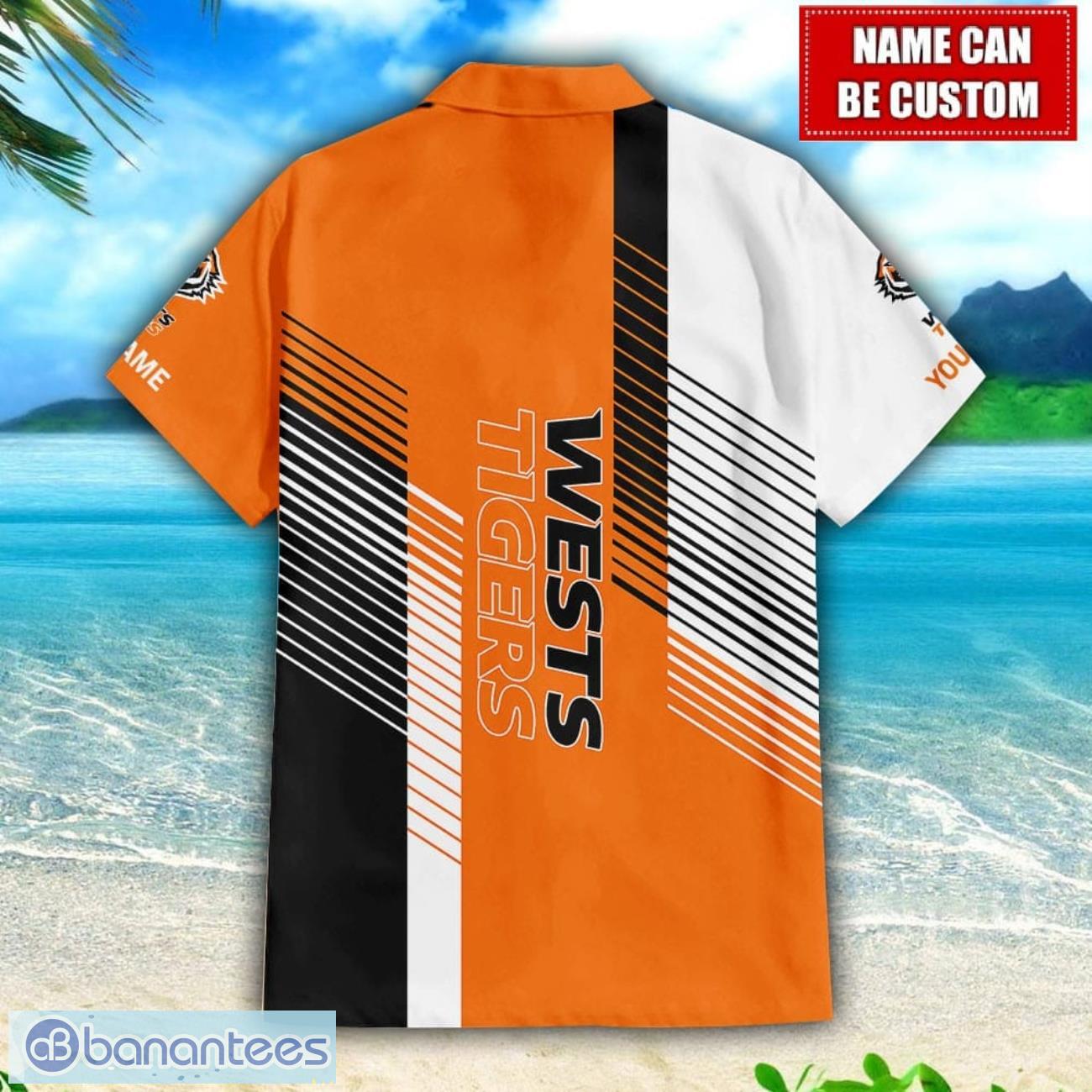 wests tigers nrl custom name hawaiian shirt for men and women beach gift image Wests Tigers NRL Custom Name Hawaiian Shirt For Men And Women Beach Gift Product Photo 1