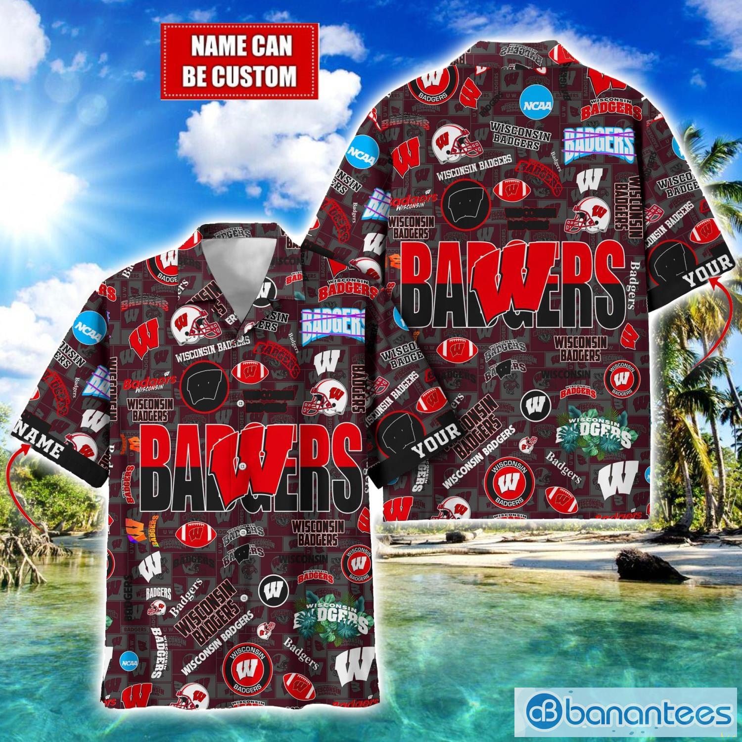 wisconsin badgers football beach shirts logo custom name hawaiian shirt image Wisconsin Badgers Football Beach Shirts Logo Custom Name Hawaiian Shirt Product Photo 1