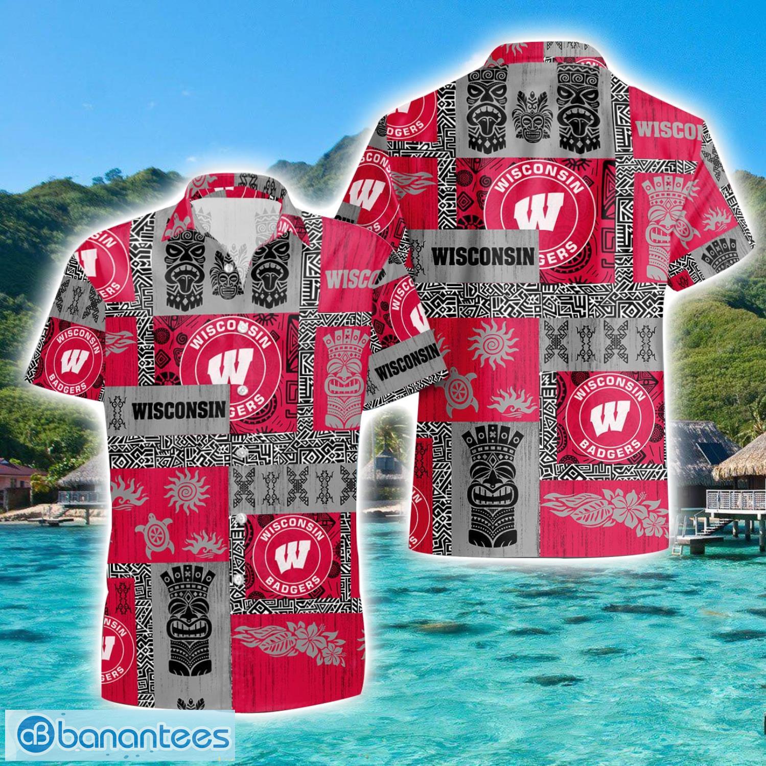 wisconsin badgers tiki vintage patterns hawaiian shirt summer gift image Wisconsin Badgers Tiki Vintage Patterns Hawaiian Shirt Summer Gift Product Photo 1