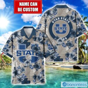 Utah State Aggies Big Logo Custom Name Aloha Flower Hawaiian Shirt Trending Summer Product Photo 1