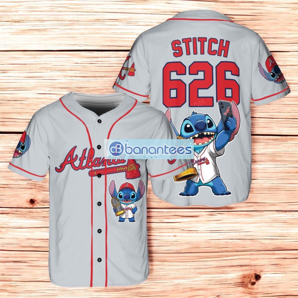 atlanta braves lilo and stitch baseball jersey shirt gray for men and women image Atlanta Braves Lilo And Stitch Baseball Jersey Shirt Gray For Men And Women Product Photo 1