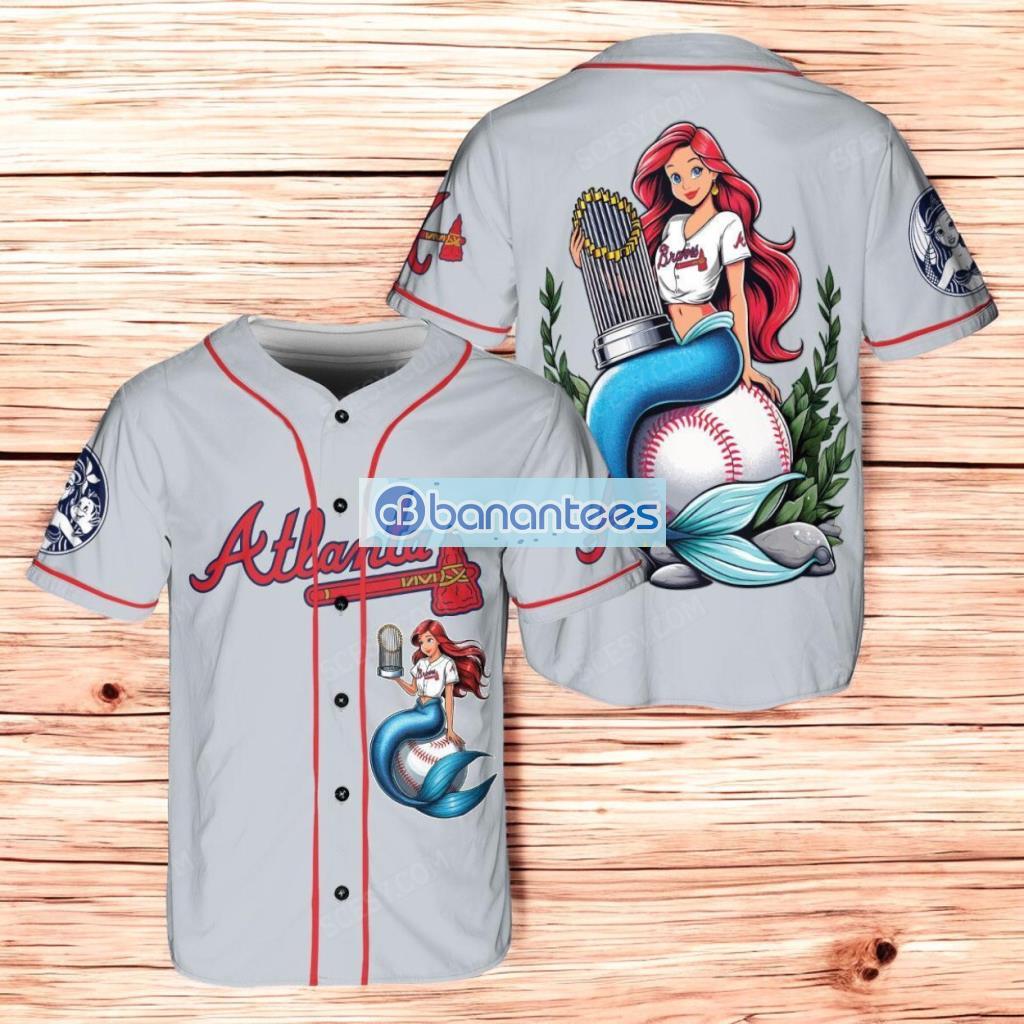 atlanta braves x ariel mermaid with trophy baseball jersey shirt gray for men and women image Atlanta Braves x Ariel Mermaid with Trophy Baseball Jersey Shirt Gray For Men And Women Product Photo 1