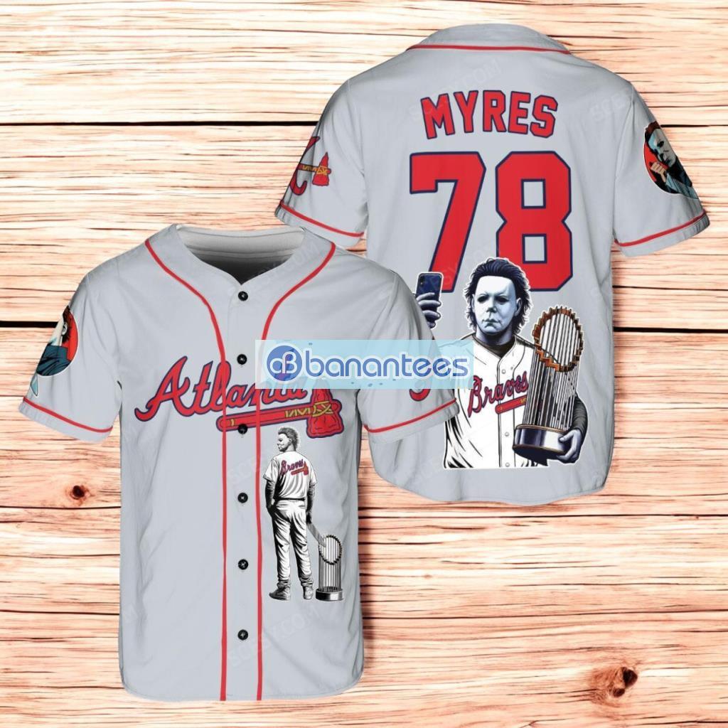 atlanta braves x halloween michael myers with trophy baseball jersey shirt gray image Atlanta Braves x Halloween Michael Myers with Trophy Baseball Jersey Shirt Gray Product Photo 1