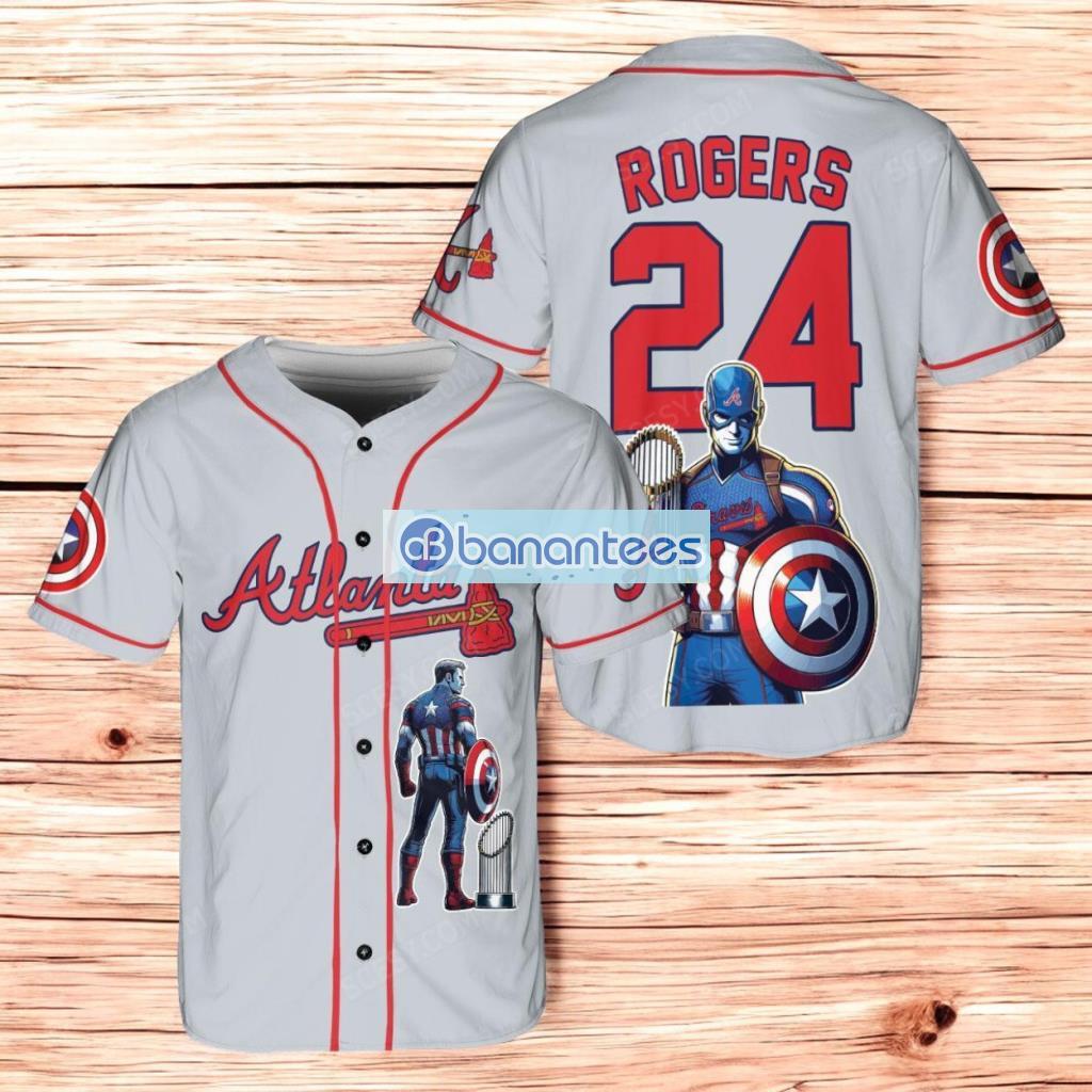 atlanta braves x marvel captain america steve rogers with trophy baseball jersey shirt gray image Atlanta Braves x Marvel Captain America Steve Rogers with Trophy Baseball Jersey Shirt Gray Product Photo 1