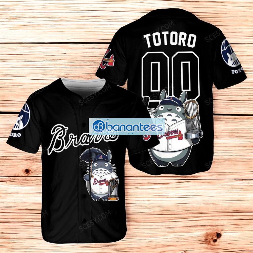 atlanta braves x totoro studio ghibli with trophy baseball jersey shirt black image Atlanta Braves x Totoro Studio Ghibli with Trophy Baseball Jersey Shirt Black Product Photo 1