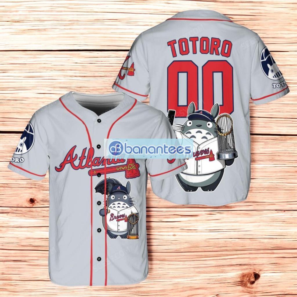 atlanta braves x totoro studio ghibli with trophy baseball jersey shirt gray image Atlanta Braves x Totoro Studio Ghibli with Trophy Baseball Jersey Shirt Gray Product Photo 1