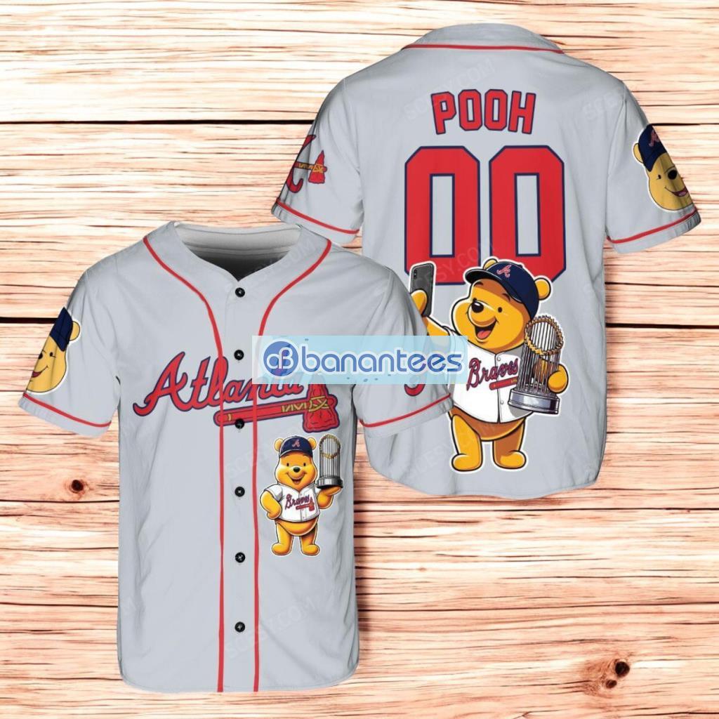 atlanta braves x winnie the pooh with trophy baseball jersey shirt gray for men and women image Atlanta Braves x Winnie the Pooh with Trophy Baseball Jersey Shirt Gray For Men And Women Product Photo 1