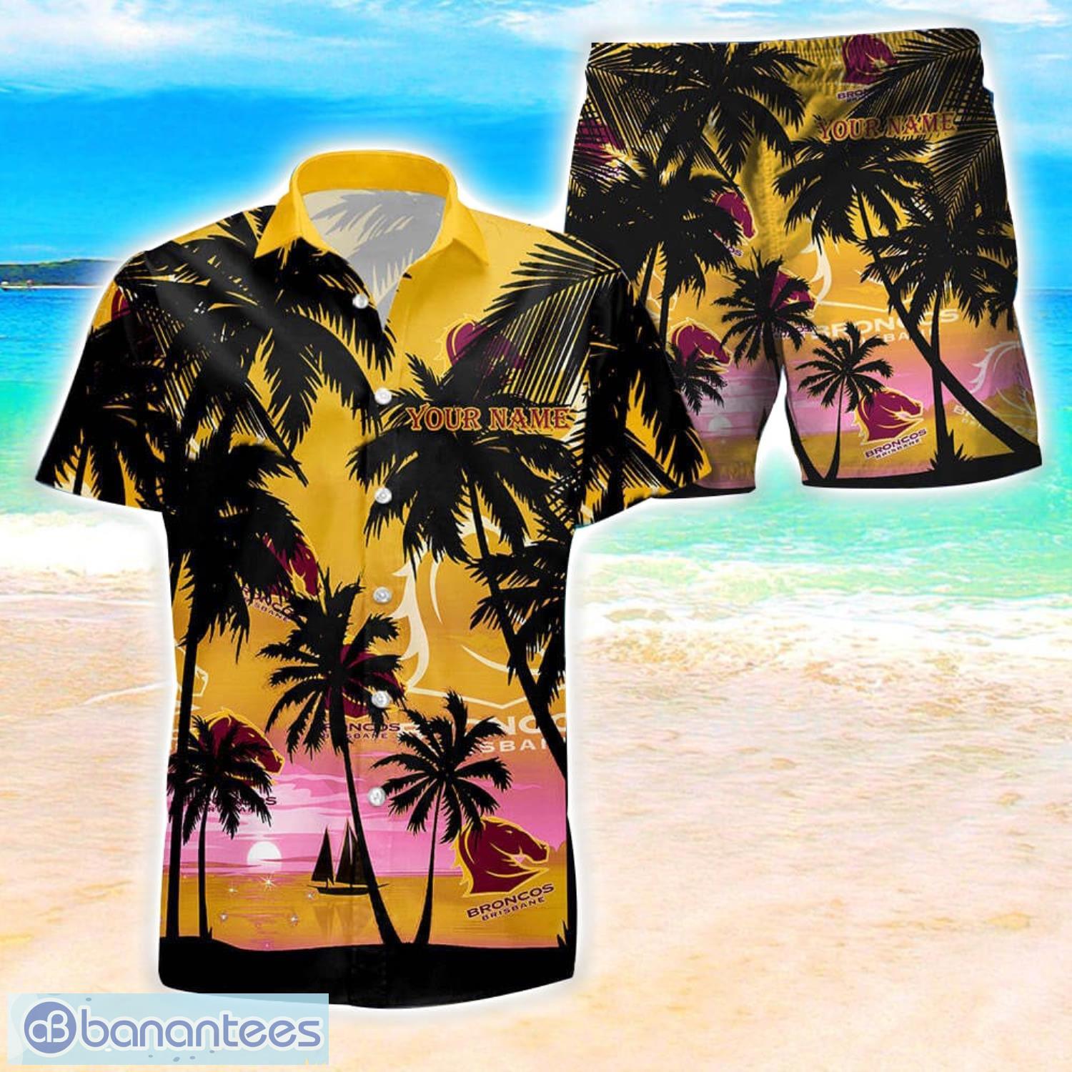 brisbane broncos nrl hawaiian shirt and shorts personalized name coconut tree pattern beach shirt image Brisbane Broncos NRL Hawaiian Shirt And Shorts Personalized Name Coconut Tree Pattern Beach Shirt Product Photo 1