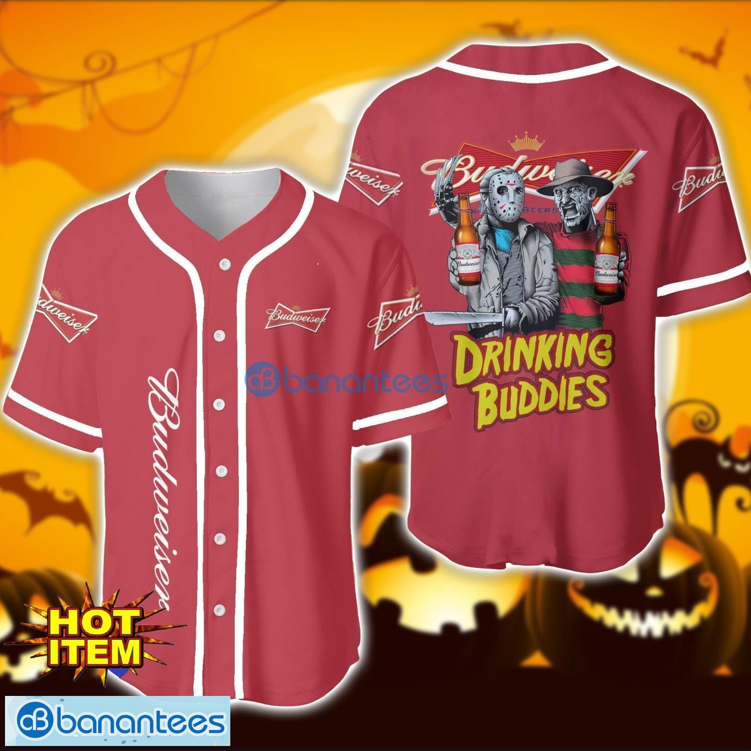 budweiser beer drinking buddies halloween horror freddy and jason baseball jersey shirt for men women gift image Budweiser Beer Drinking Buddies Halloween Horror Freddy And Jason Baseball Jersey Shirt For Men Women Gift Product Photo 1