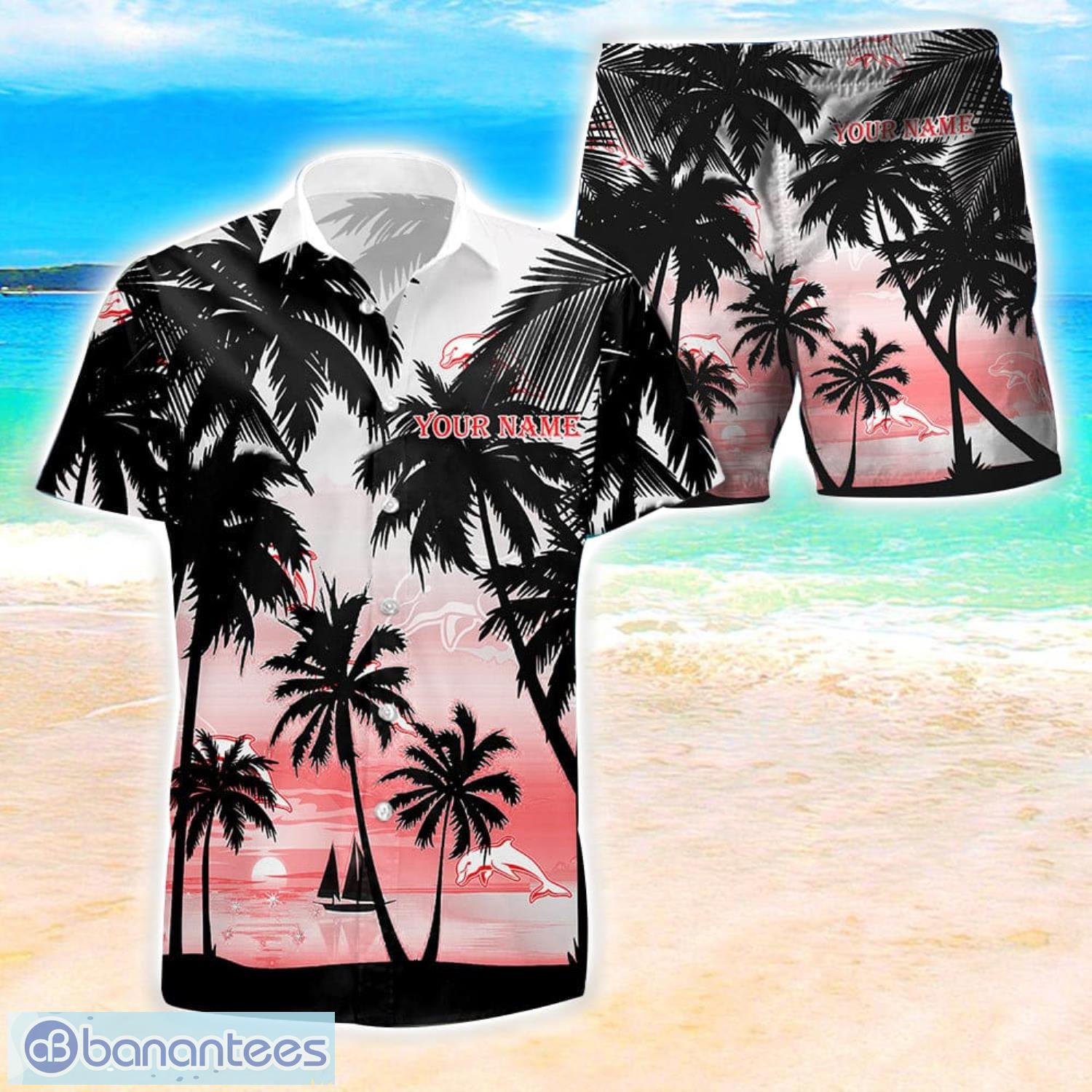 dolphins nrl hawaiian shirt and shorts personalized name coconut tree pattern beach shirt 1 image Dolphins NRL Hawaiian Shirt And Shorts Personalized Name Coconut Tree Pattern Beach Shirt Product Photo 2