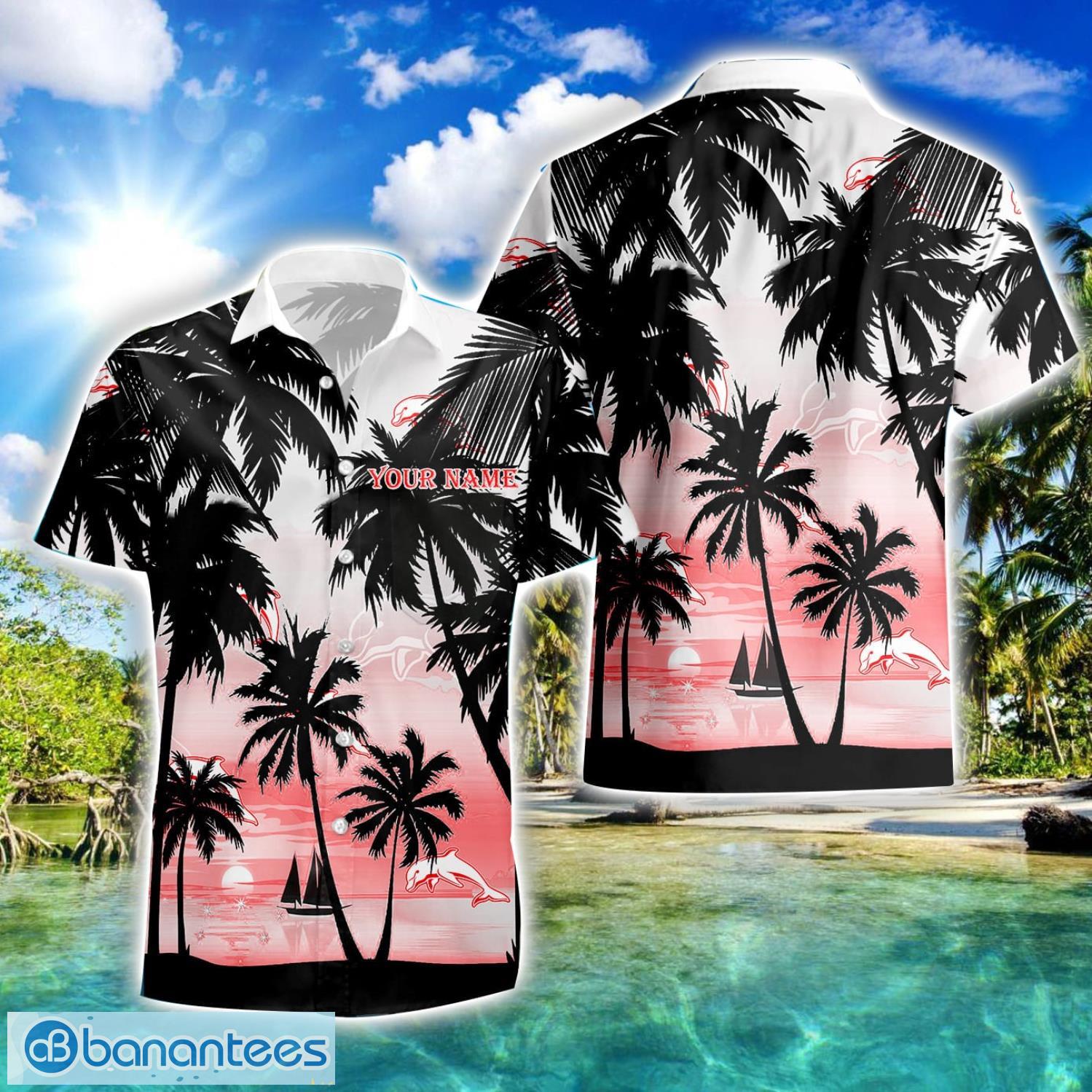 dolphins nrl hawaiian shirt and shorts personalized name coconut tree pattern beach shirt image Dolphins NRL Hawaiian Shirt And Shorts Personalized Name Coconut Tree Pattern Beach Shirt Product Photo 1