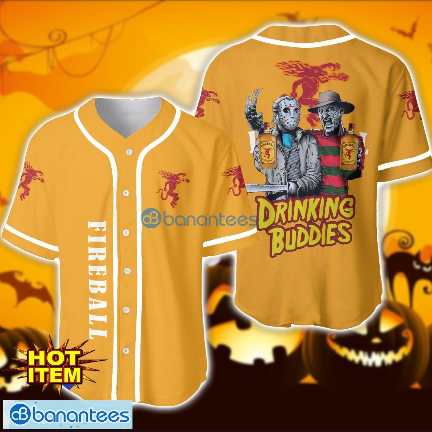 fireball whiskey drinking buddies halloween horror freddy and jason baseball jersey shirt for men women gift image Fireball Whiskey Drinking Buddies Halloween Horror Freddy And Jason Baseball Jersey Shirt For Men Women Gift Product Photo 1