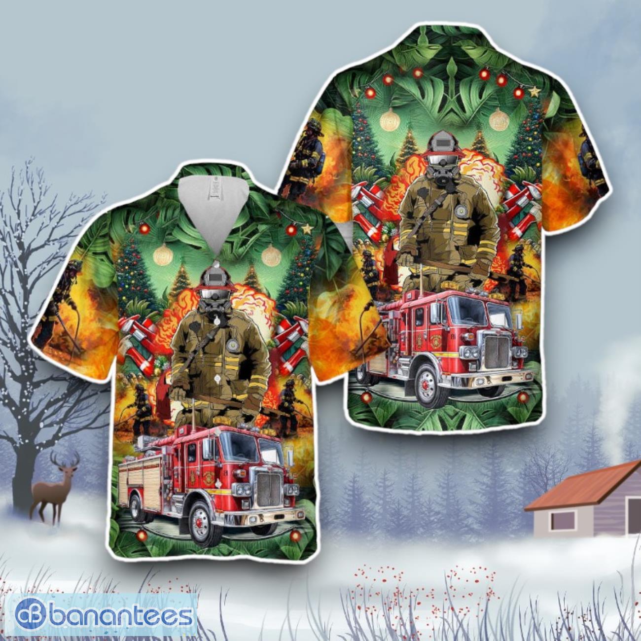 firefighter fire truck christmas hawaiian shirt gift for all image Firefighter Fire Truck Christmas Hawaiian Shirt Gift For All Product Photo 1