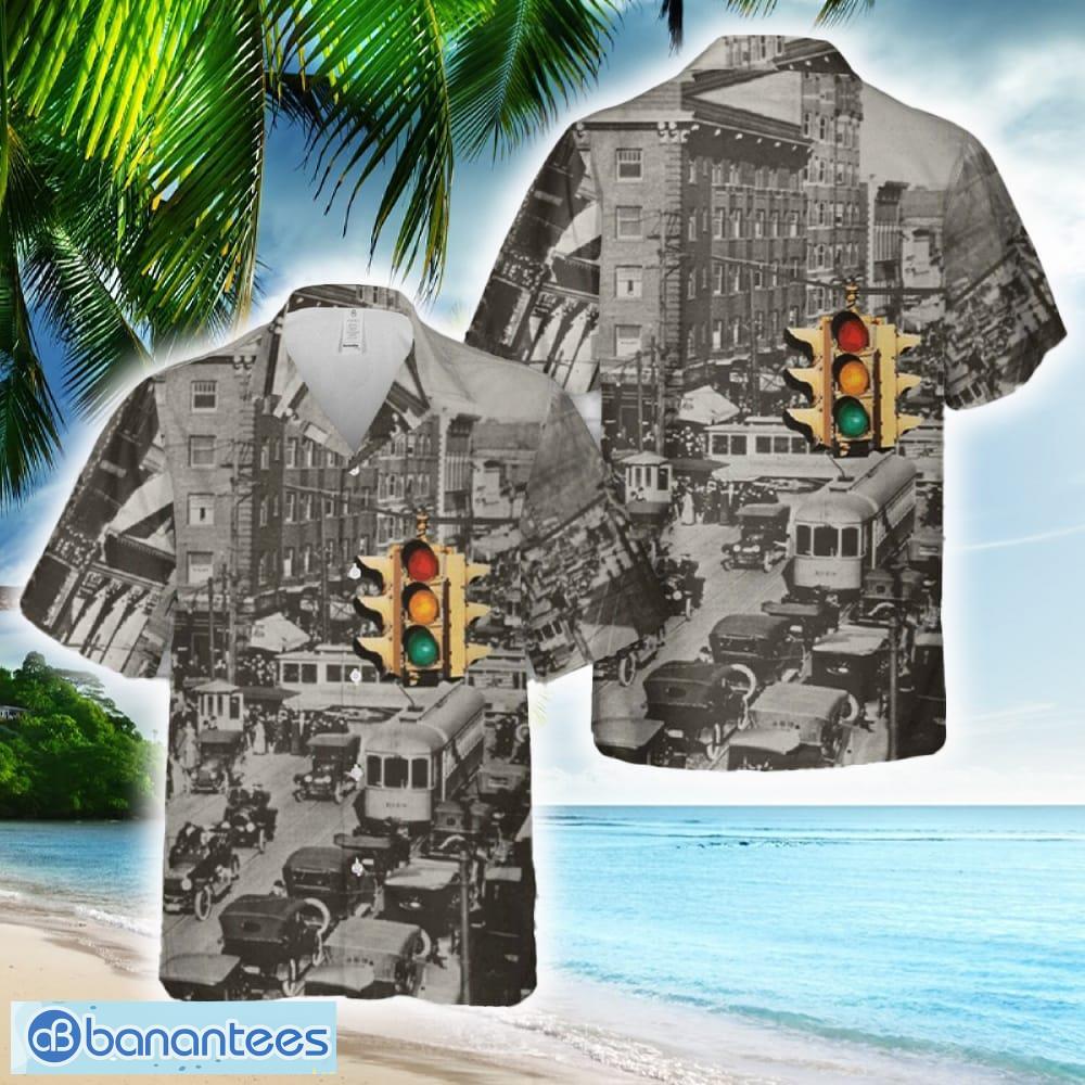 frist electric traffic signal in cleveland ohio hawaiian shirt image Frist electric traffic signal in Cleveland Ohio Hawaiian Shirt - Frist electric traffic signal in Cleveland Ohio Hawaiian Shirt