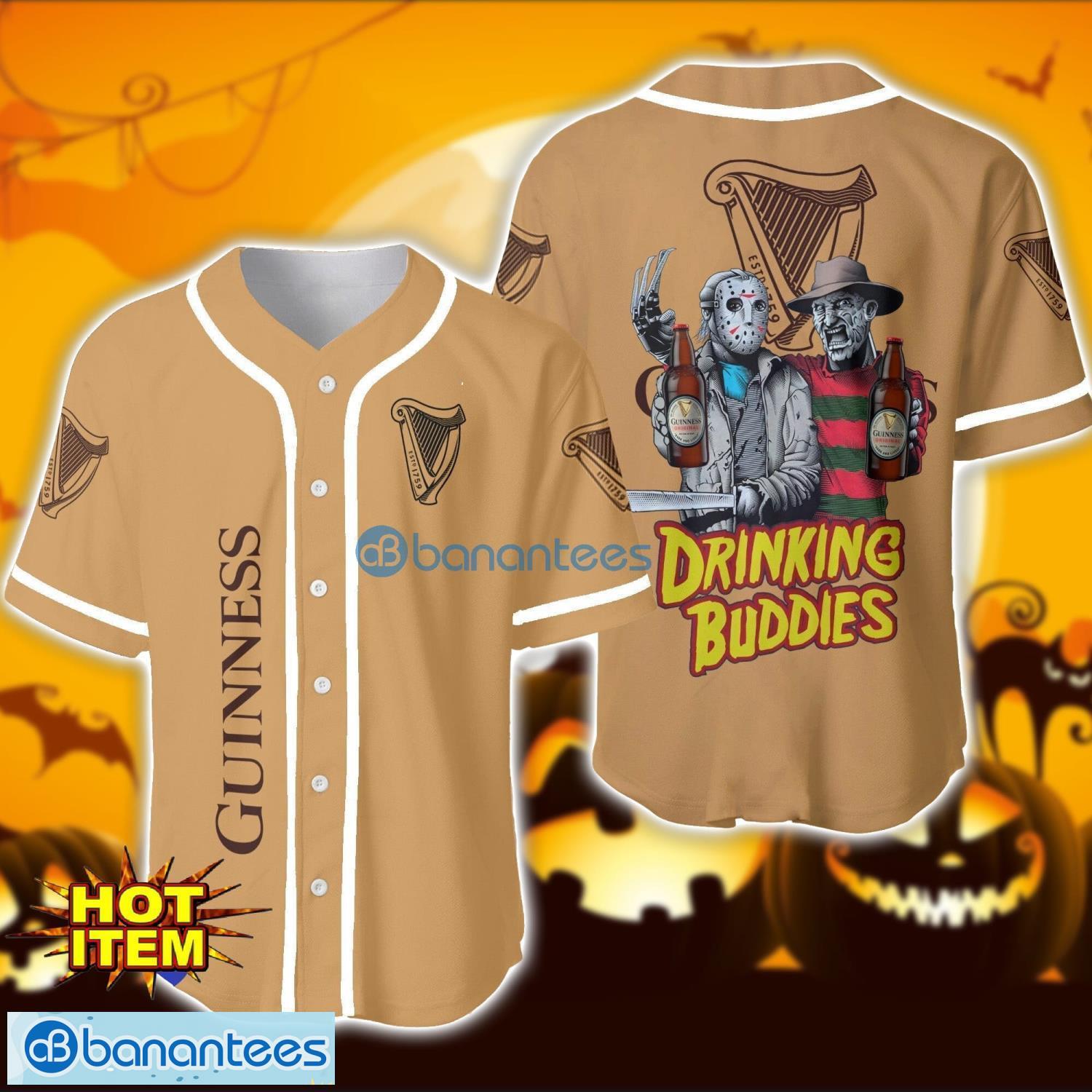 guinness drinking buddies halloween horror freddy and jason baseball jersey shirt for men women gift image Guinness Drinking Buddies Halloween Horror Freddy And Jason Baseball Jersey Shirt For Men Women Gift Product Photo 1