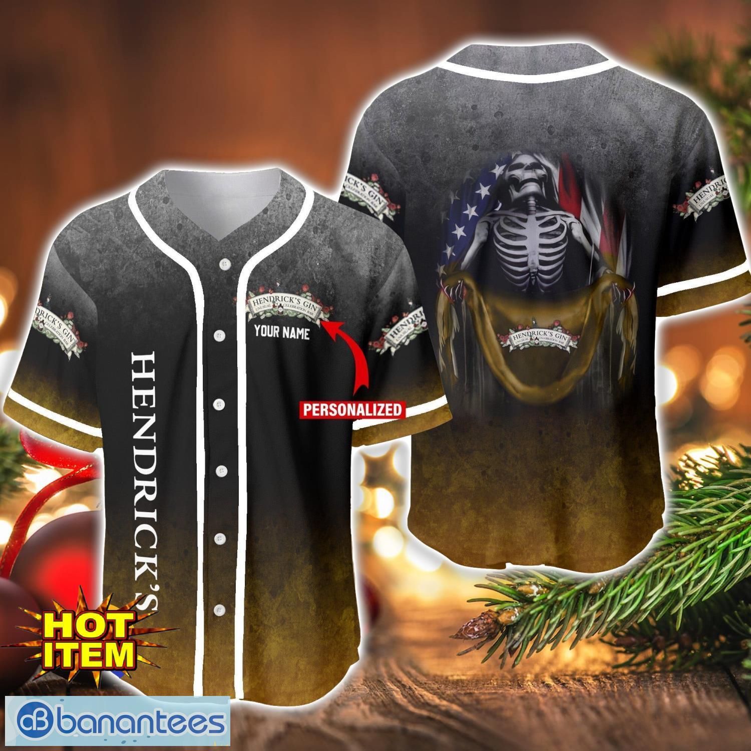 hendricks gin skull usa flag baseball jersey shirt personalized name for men and women image Hendrick's Gin Skull USA Flag Baseball Jersey Shirt Personalized Name For Men And Women Product Photo