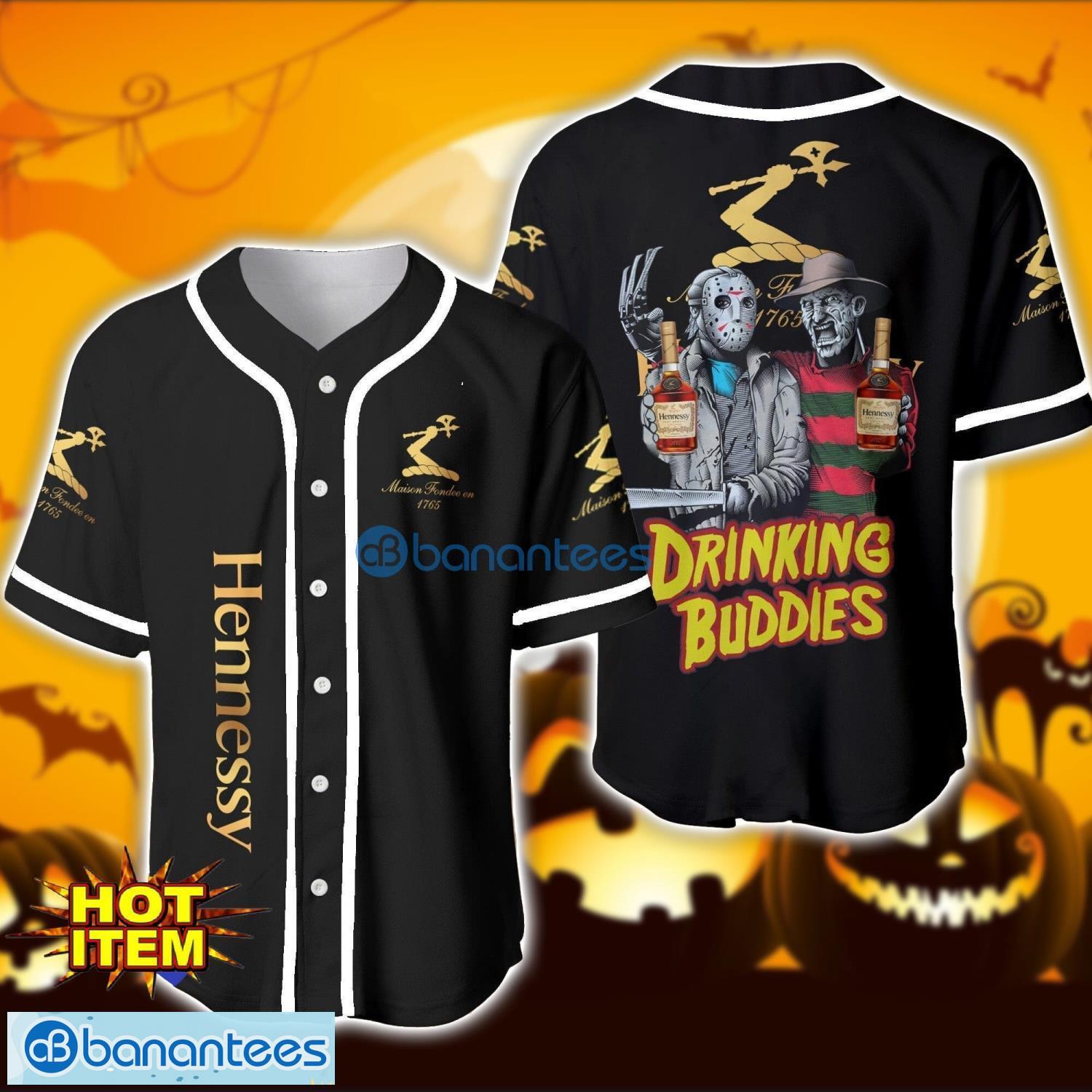 hennessy cognac drinking buddies halloween horror freddy and jason baseball jersey shirt for men women gift image Hennessy Cognac Drinking Buddies Halloween Horror Freddy And Jason Baseball Jersey Shirt For Men Women Gift Product Photo 1