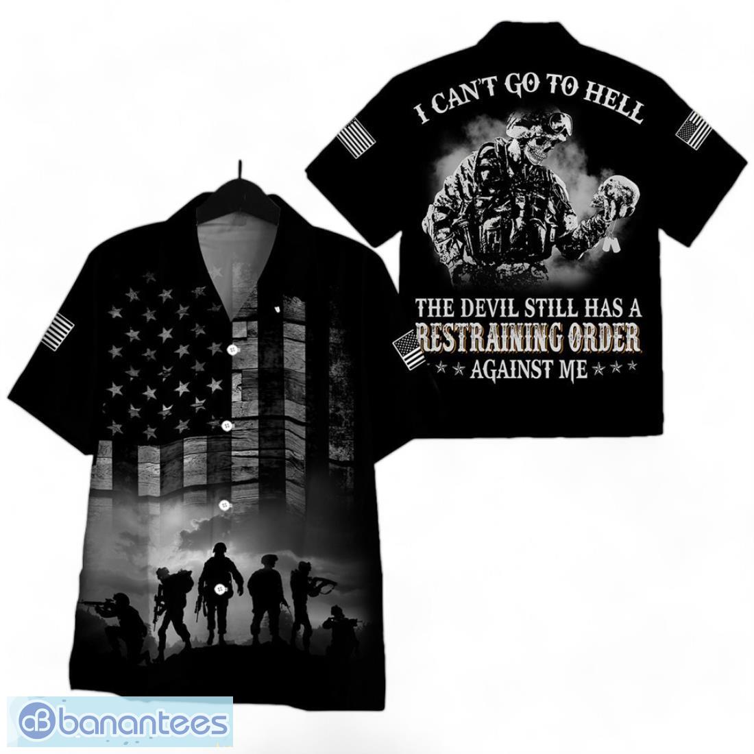 i cant go to hell the devil still has a restraining order against me hawaiian shirt image I Can't Go To Hell The Devil Still Has A Restraining Order Against Me Hawaiian Shirt Product Photo