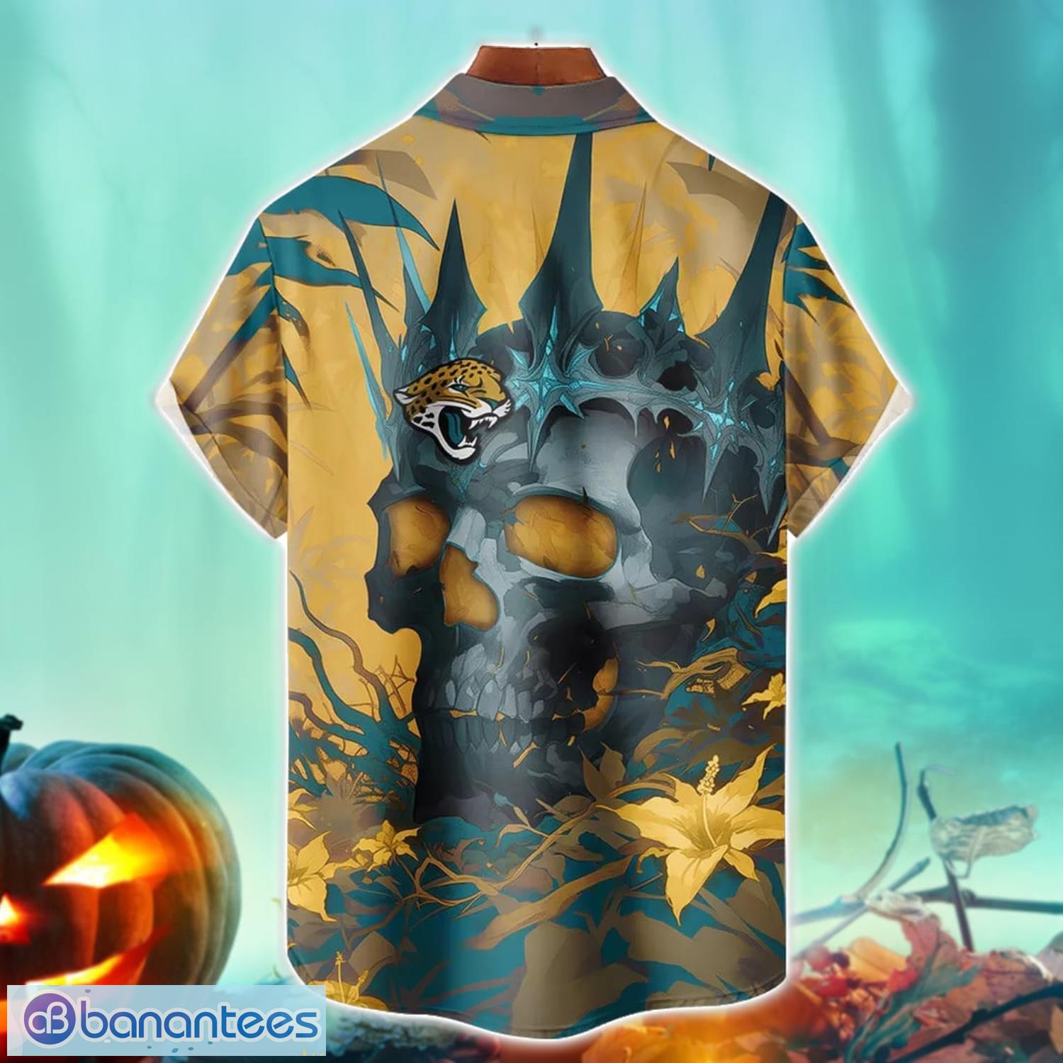 jacksonville jaguars nfl skull halloween hawaiian shirt special gift for fans 1 image Jacksonville Jaguars NFL Skull Halloween Hawaiian Shirt Special Gift For Fans Product Photo 2