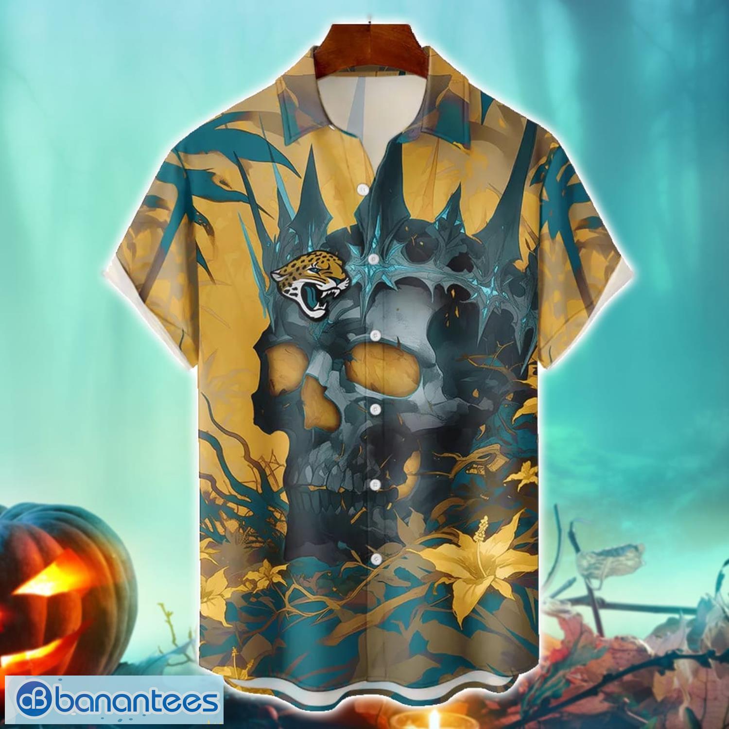 jacksonville jaguars nfl skull halloween hawaiian shirt special gift for fans image Jacksonville Jaguars NFL Skull Halloween Hawaiian Shirt Special Gift For Fans Product Photo 1